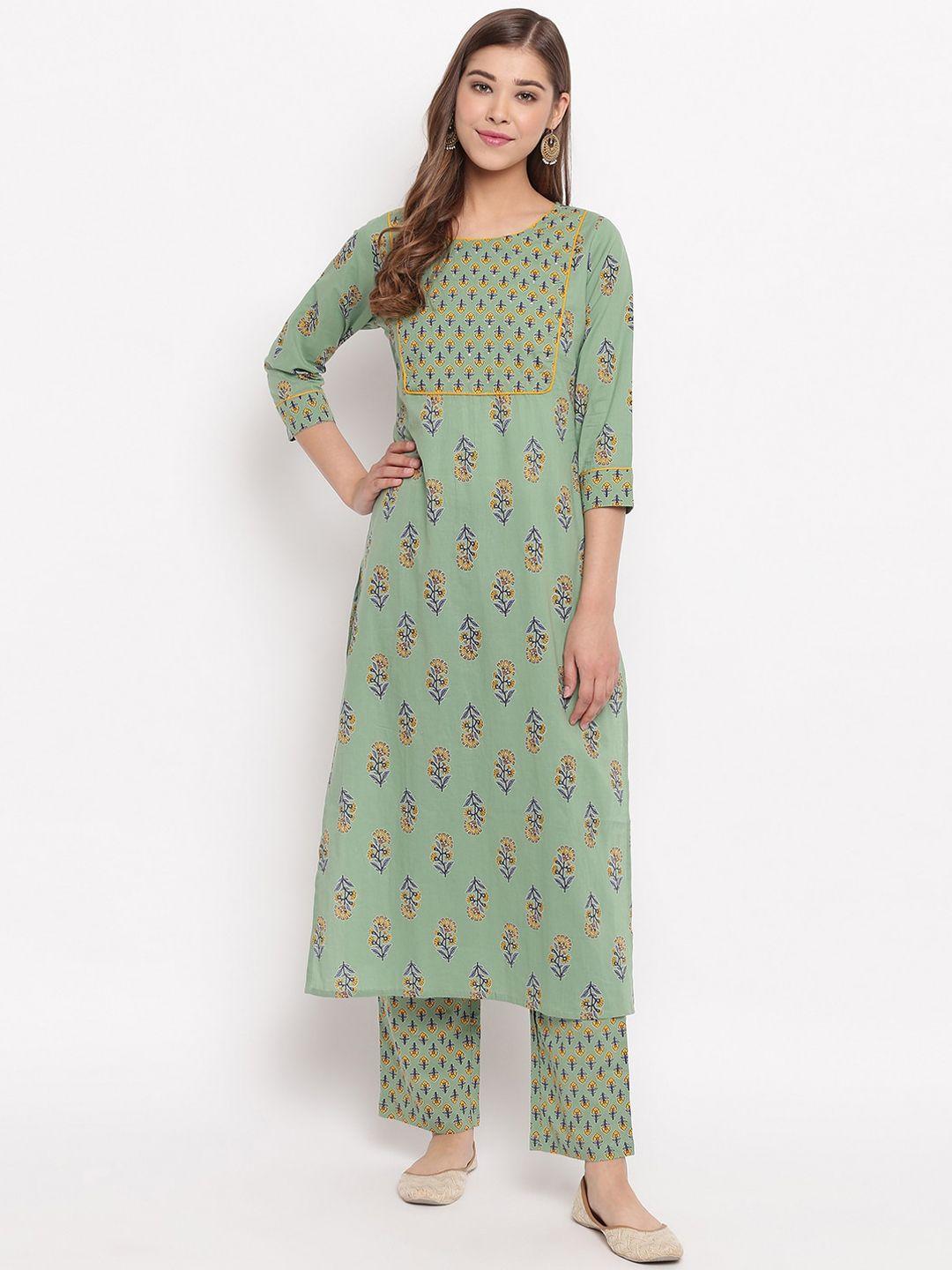 vbuyz women green & blue printed kurta with trousers