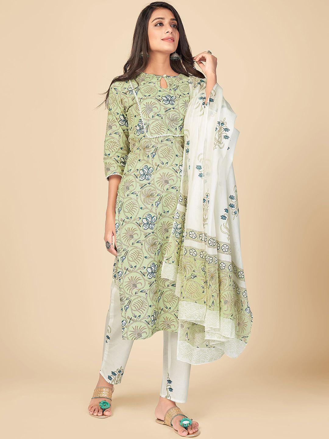 vbuyz women green & white floral printed pure cotton kurta with trousers & dupatta