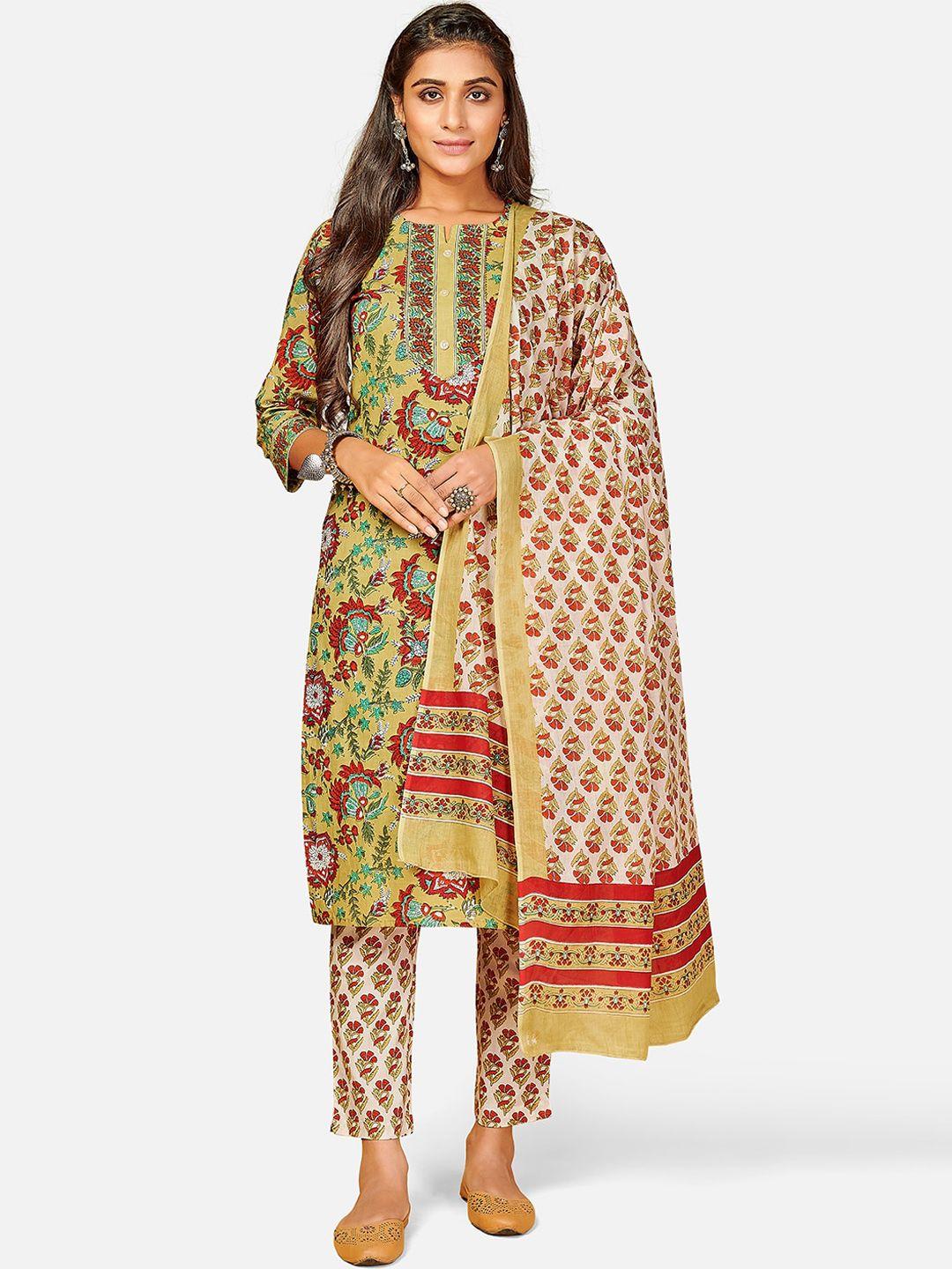 vbuyz women green ethnic motifs printed regular pure cotton kurti with trousers & dupatta