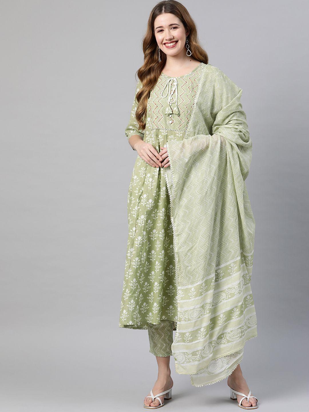 vbuyz women green floral printed gotta patti pure cotton kurta with palazzos & with dupatta