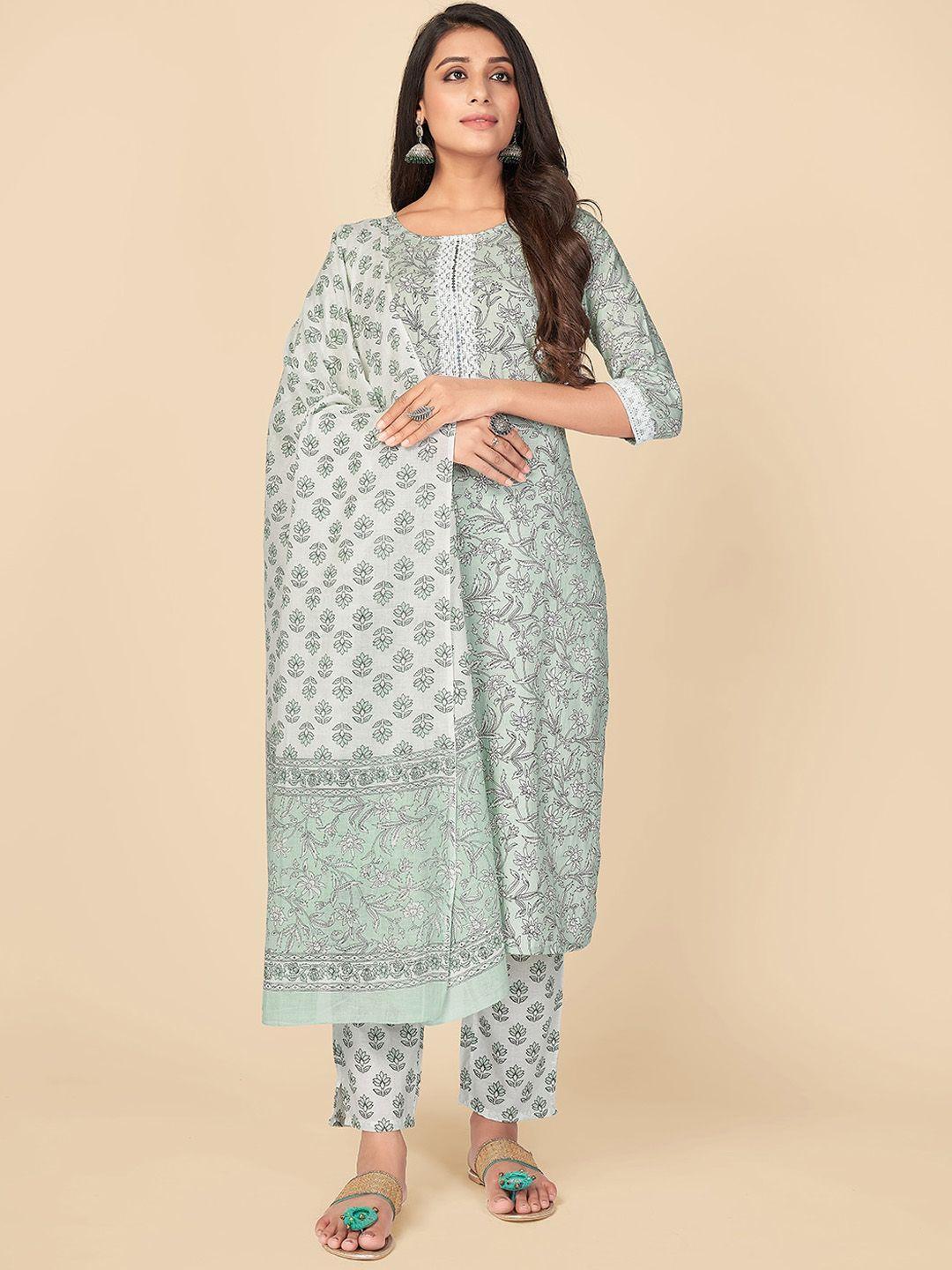 vbuyz women green floral printed pure cotton kurta with trousers & with dupatta