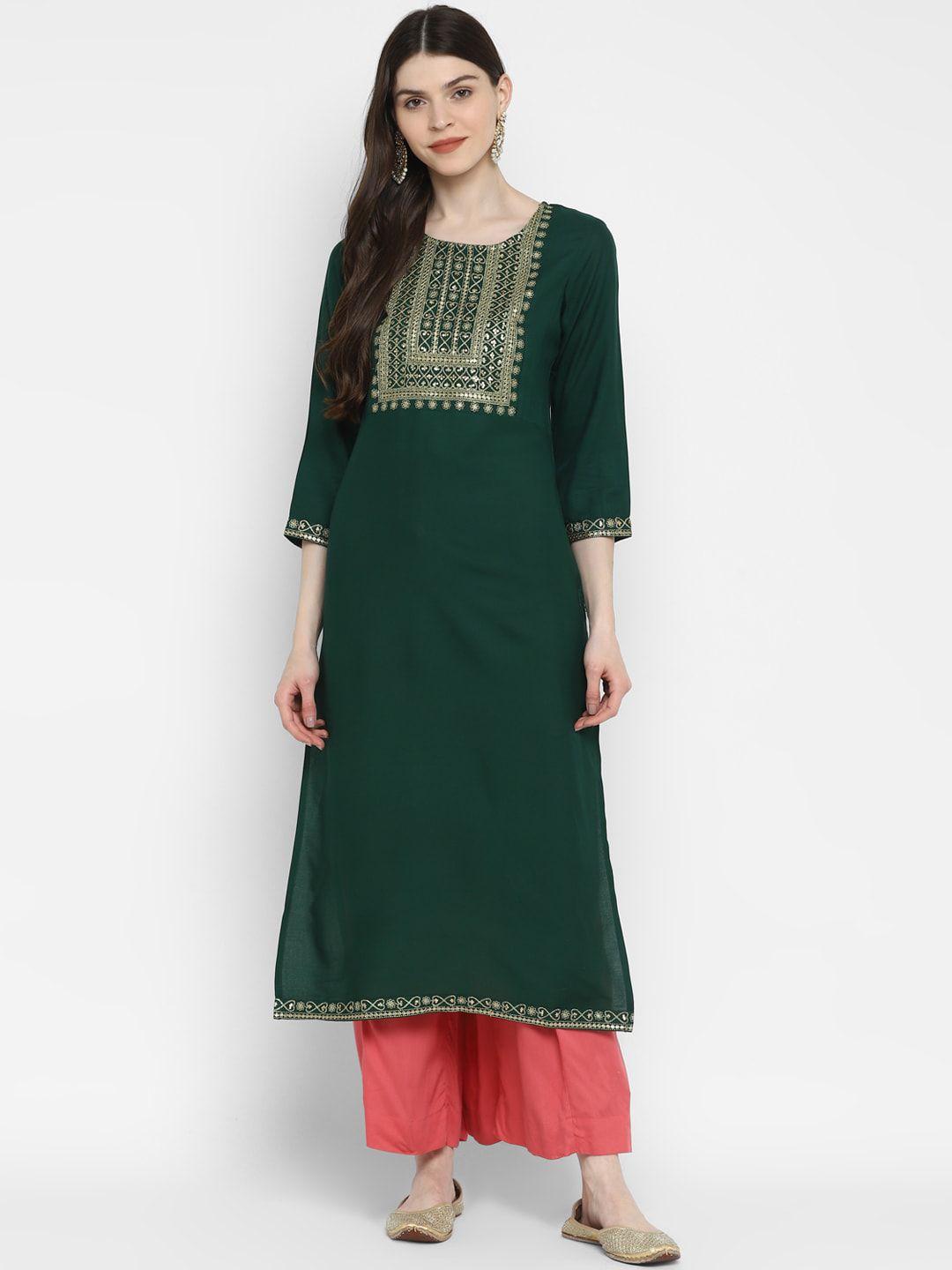 vbuyz women green yoke design thread work kurta