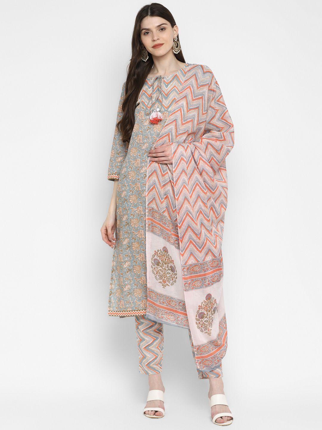 vbuyz women grey & blue printed kurta with trousers & dupatta