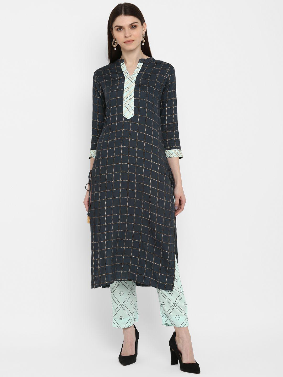 vbuyz women grey & blue printed kurta with trousers