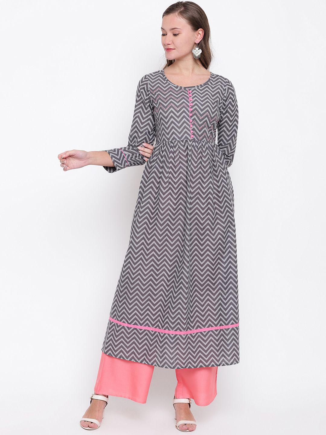 vbuyz women grey & pink printed anarkali kurta