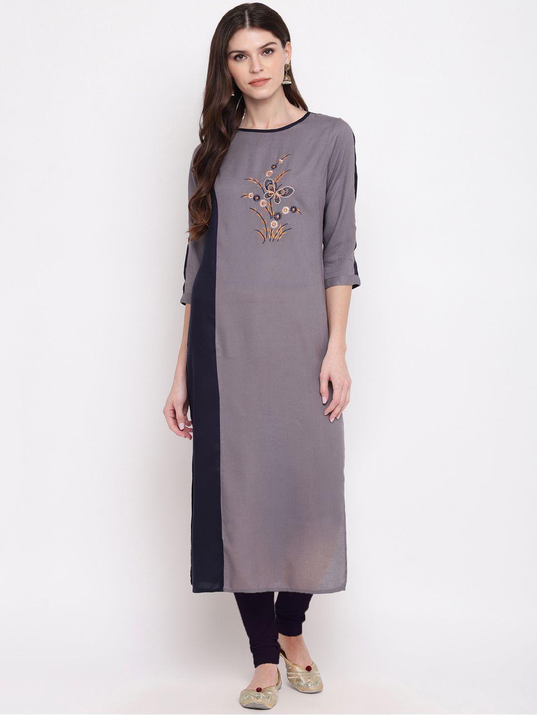 vbuyz women grey embroidered straight kurta