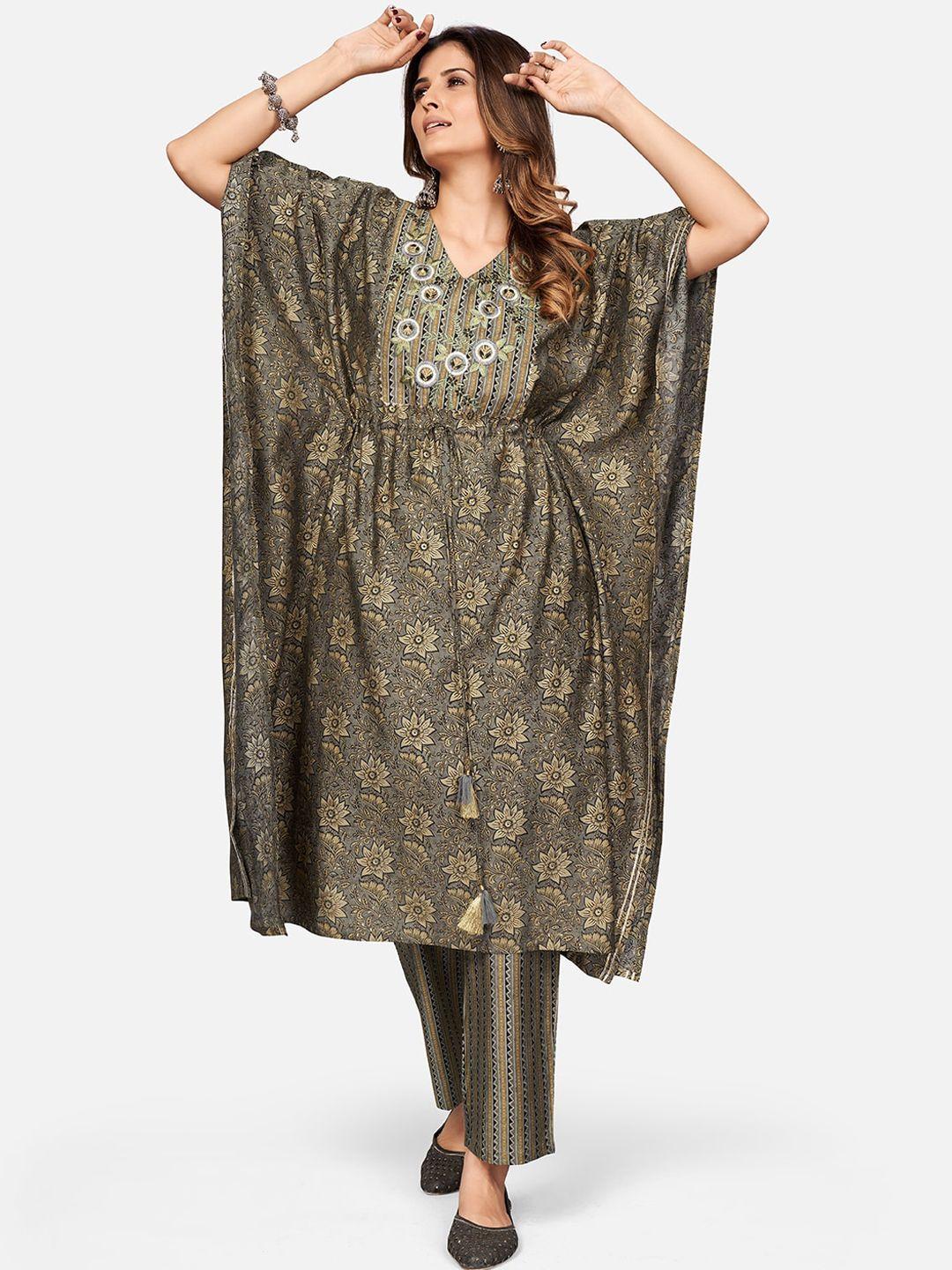 vbuyz women grey ethnic motifs printed angrakha chanderi silk kurta with trousers & with dupatta