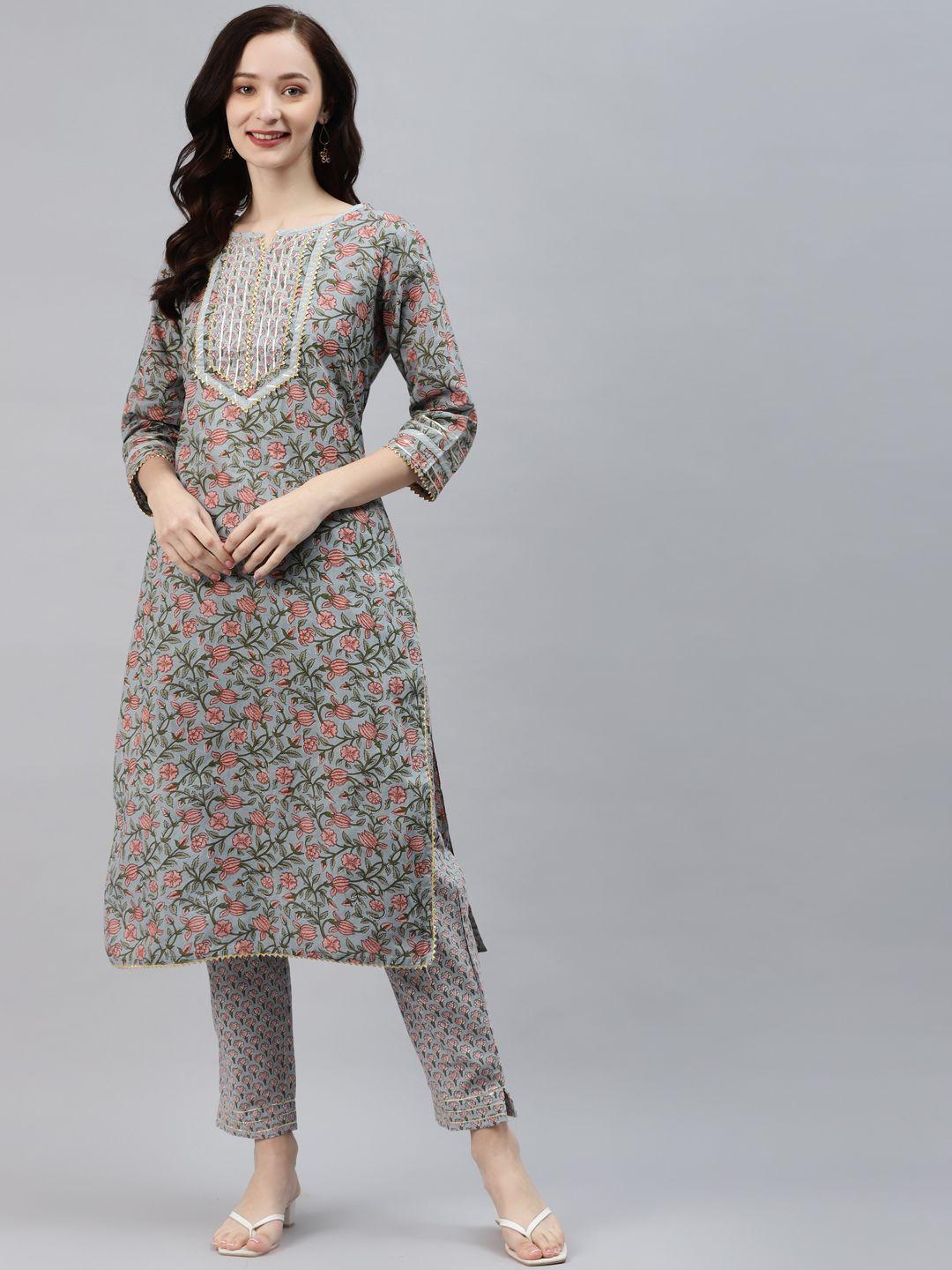 vbuyz women grey ethnic motifs printed gotta patti pure cotton kurta with trousers
