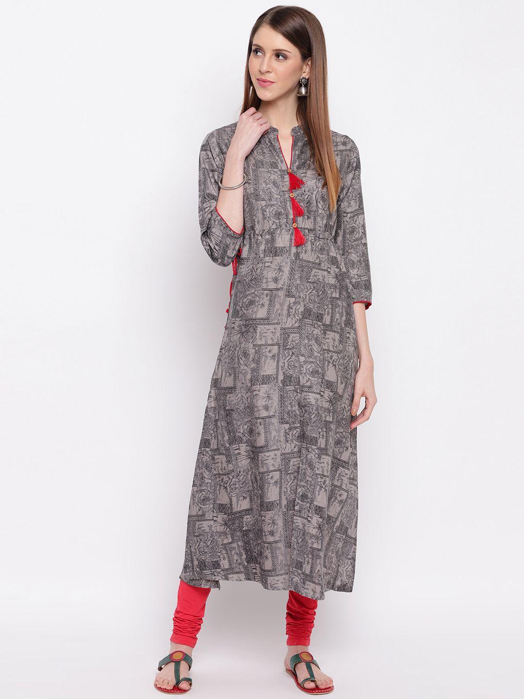 vbuyz women grey printed a-line kurta