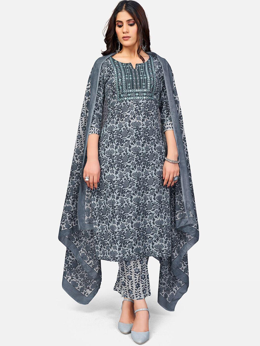 vbuyz women grey printed mirror work pure cotton kurti with trousers