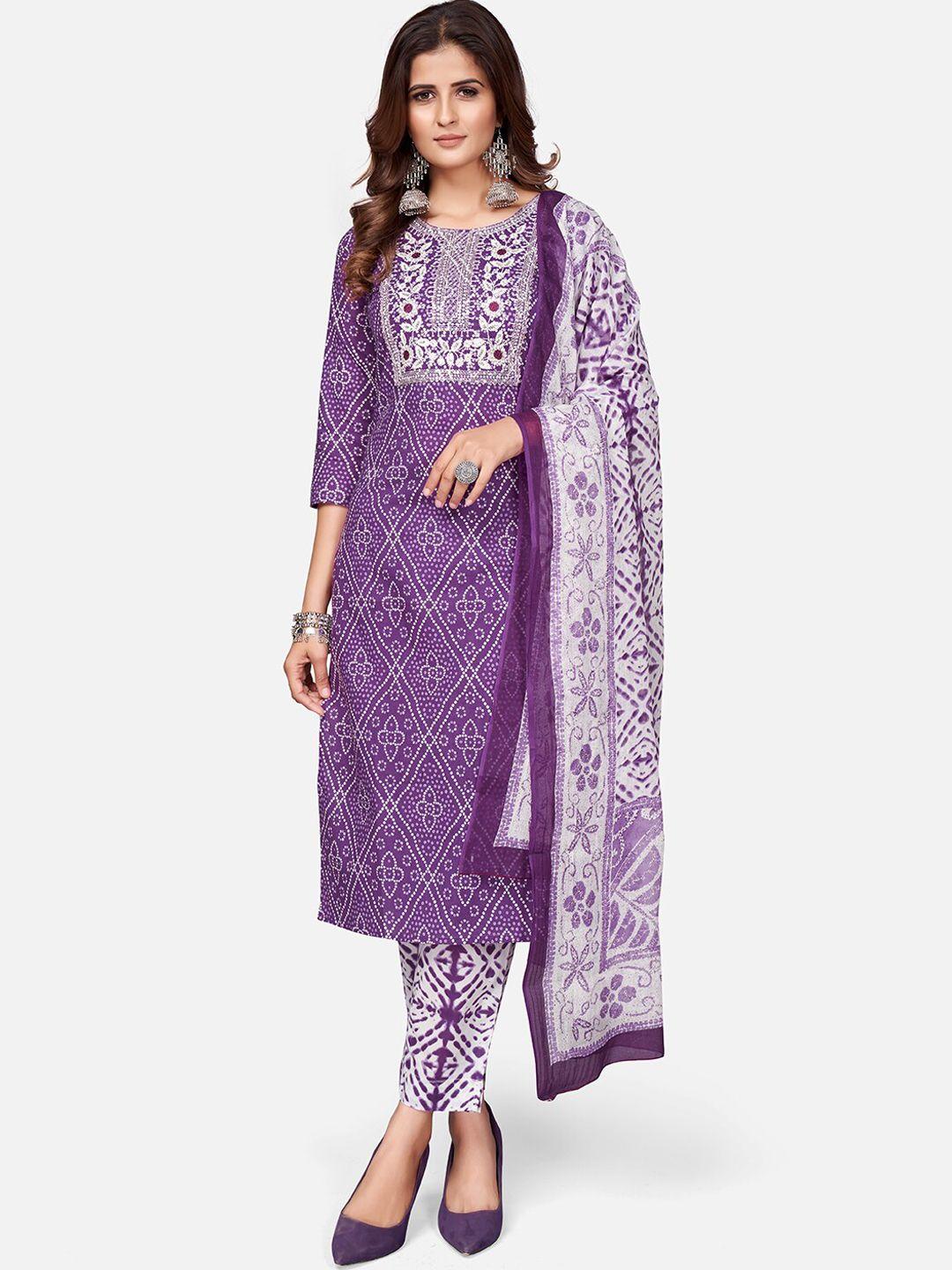 vbuyz women lavender bandhani embroidered thread work pure cotton kurta with trousers & with dupatta
