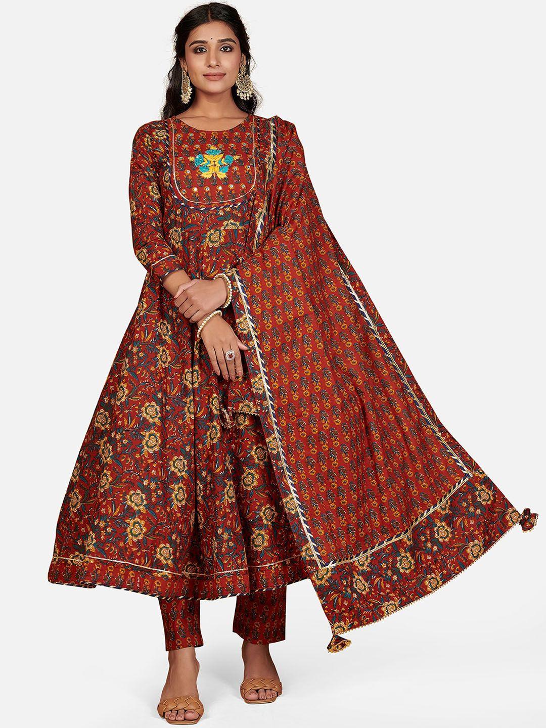 vbuyz women maroon ethnic motifs printed pleated kurti with churidar & dupatta