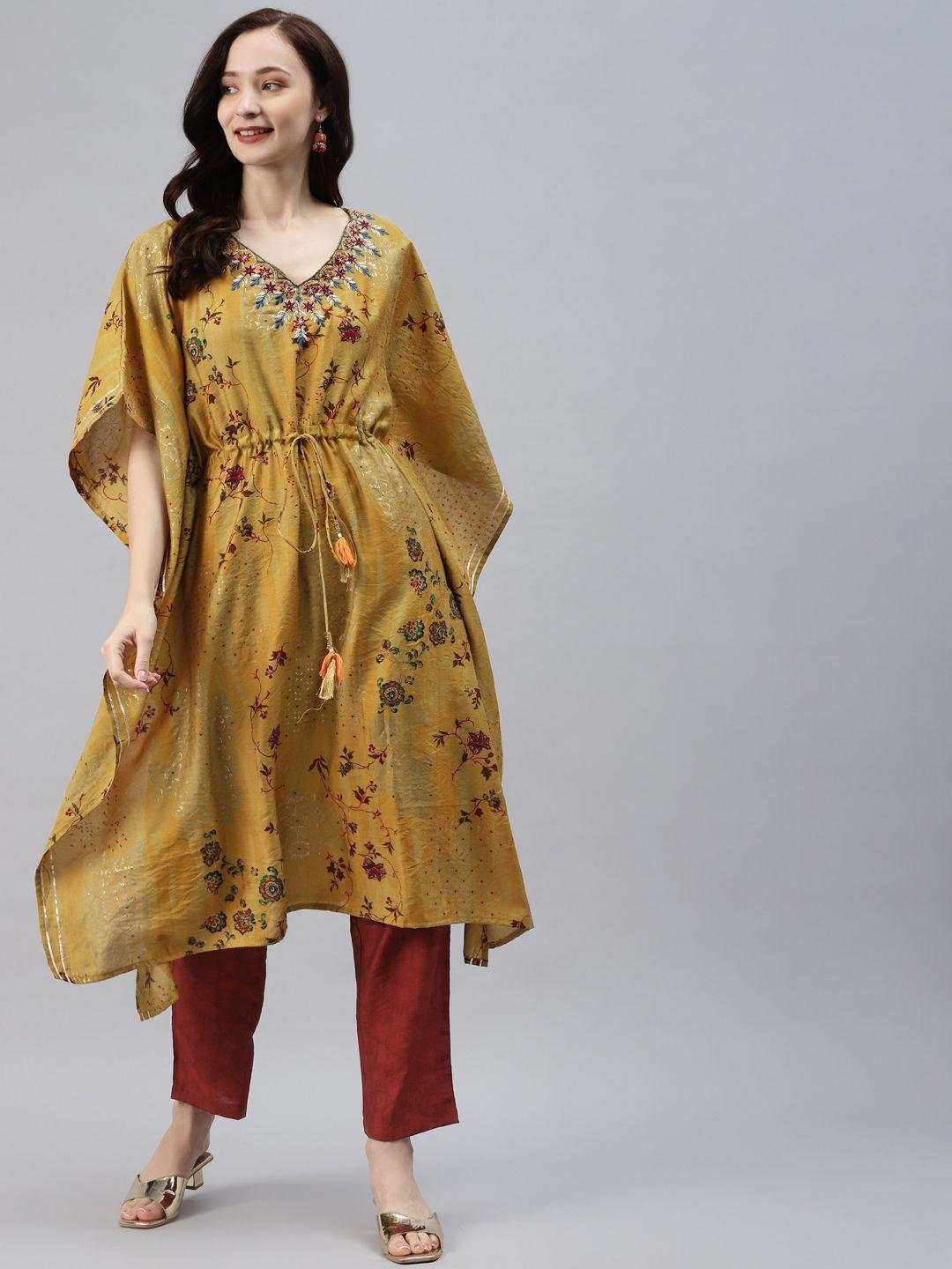 vbuyz women mustard yellow & red ethnic motifs printed kaftan kurta with trousers