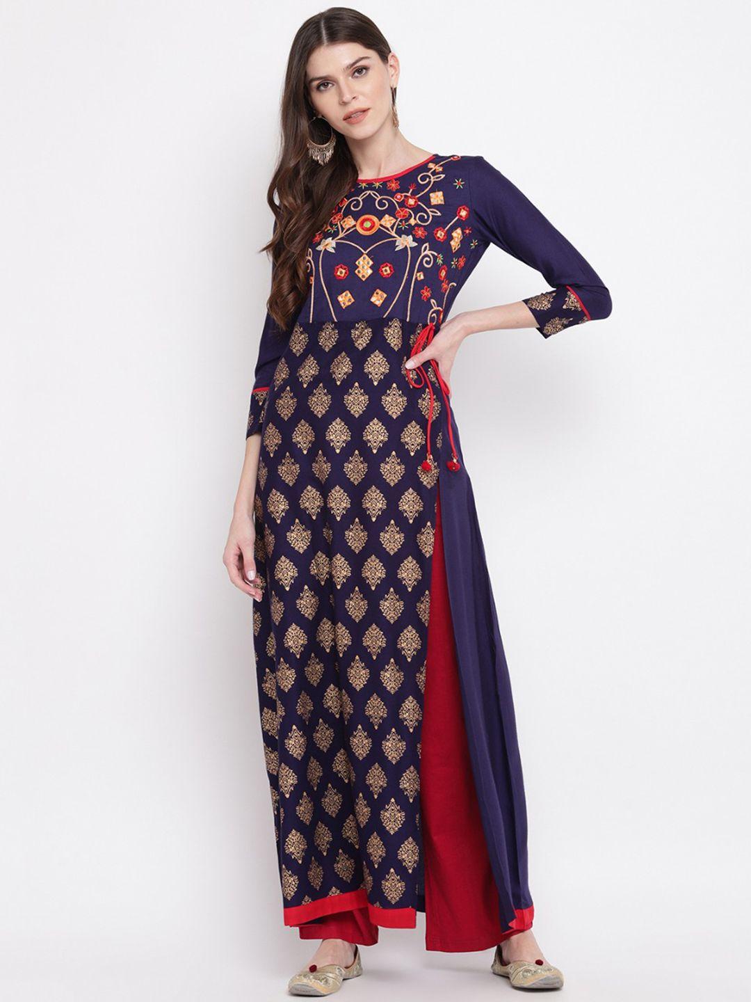 vbuyz women navy blue & beige printed a-line kurta