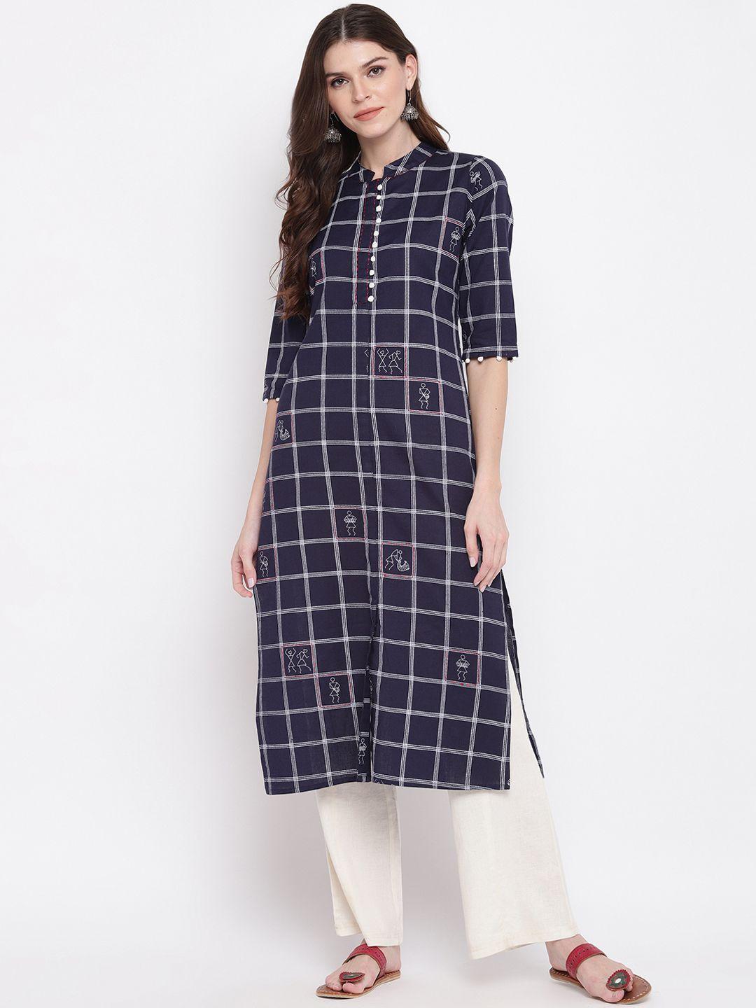 vbuyz women navy blue & white checked straight kurta