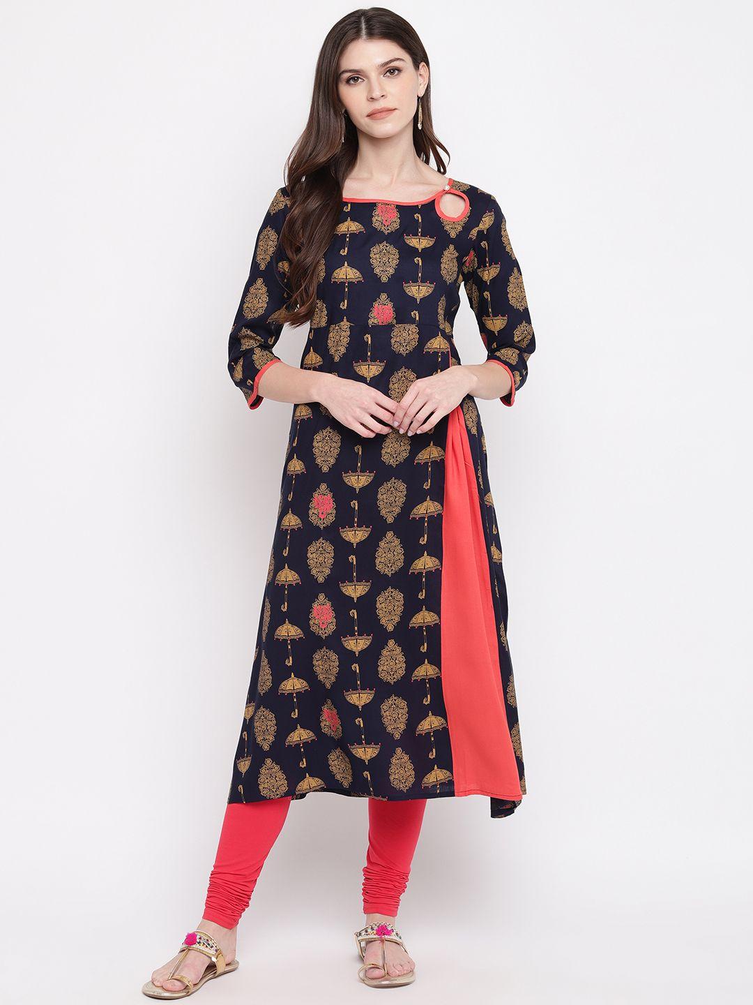 vbuyz women navy blue & yellow umbrella printed a-line kurta