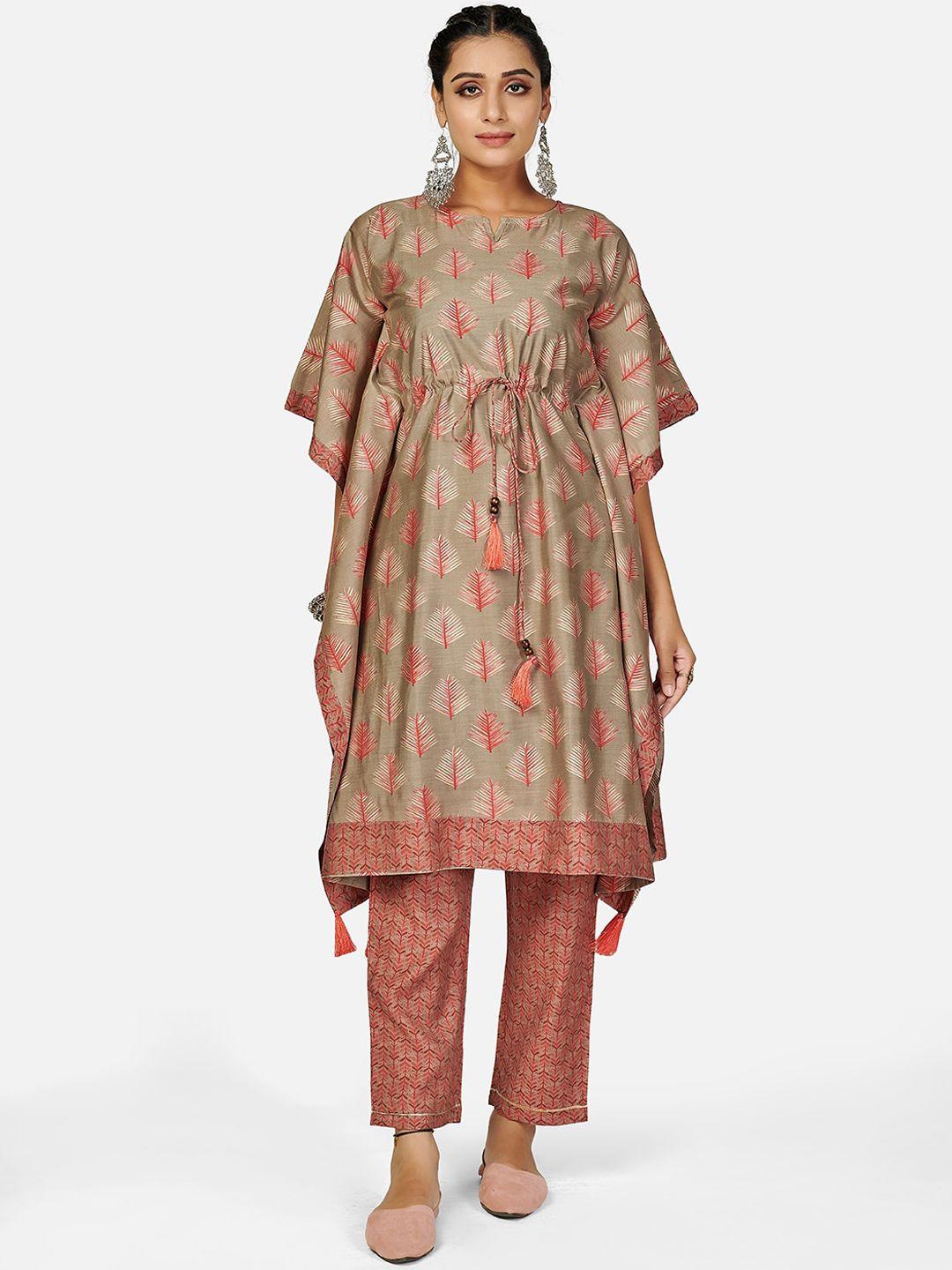 vbuyz women olive green printed pleated kurta with trousers & with dupatta