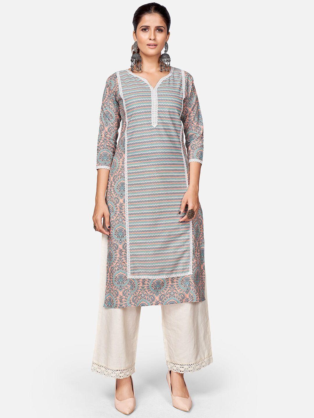 vbuyz women peach-coloured & blue ethnic motifs printed kurta