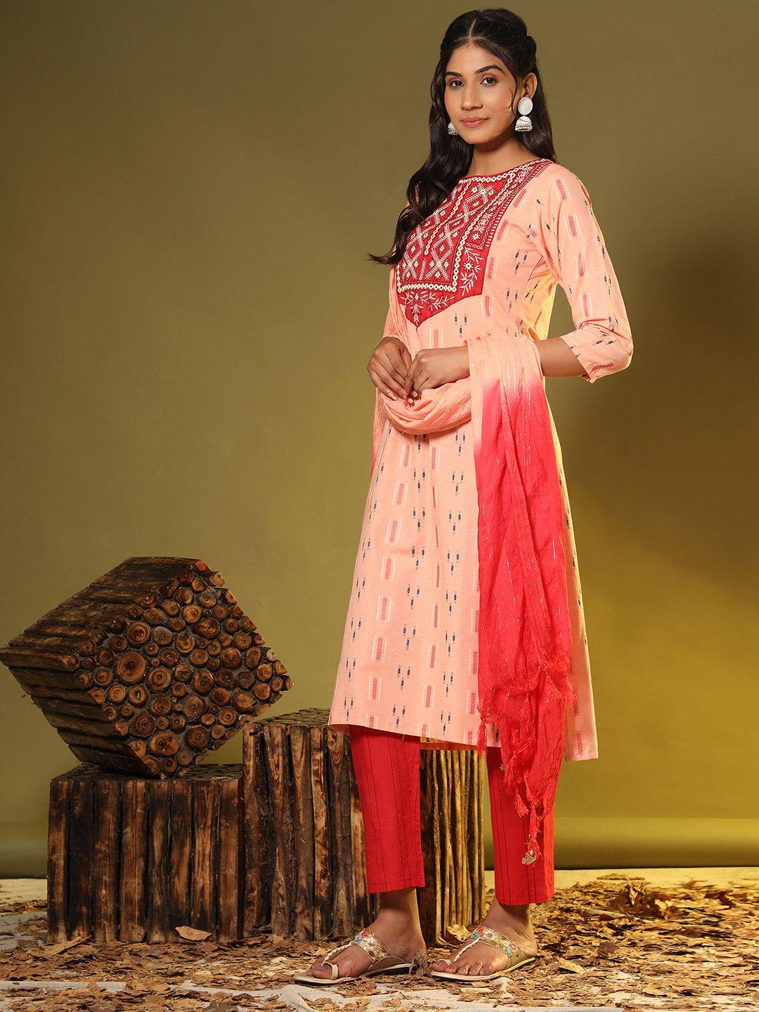 vbuyz women peach-coloured ethnic motifs printed pure cotton kurta with trousers & with dupatta