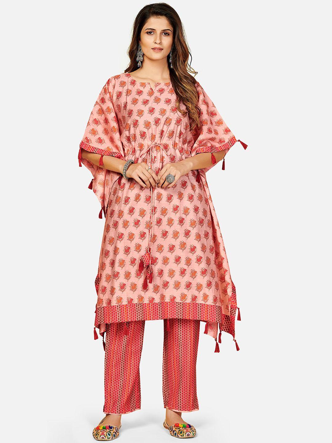 vbuyz women peach-coloured printed regular kurta with trousers
