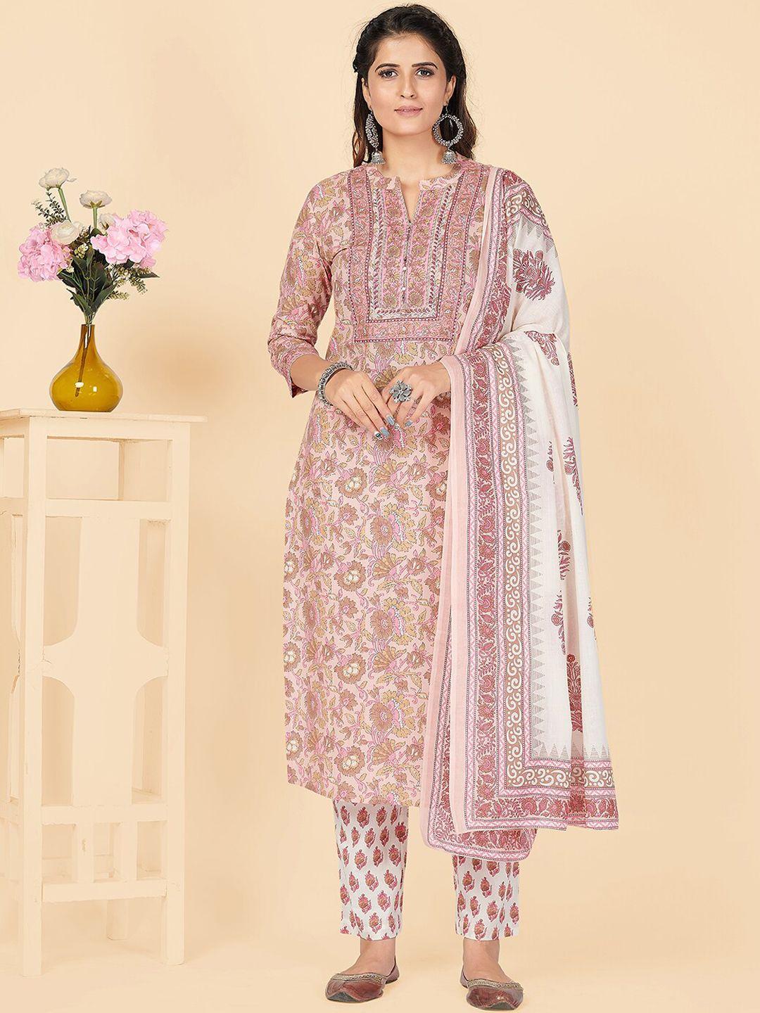 vbuyz women peach-coloured yoke design layered pure cotton kurta with salwar & with dupatta