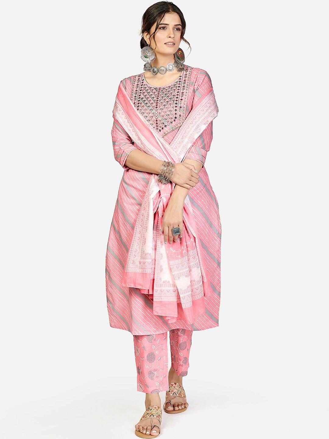 vbuyz women pink ethnic motifs embroidered regular mirror work pure cotton kurta with trousers & with