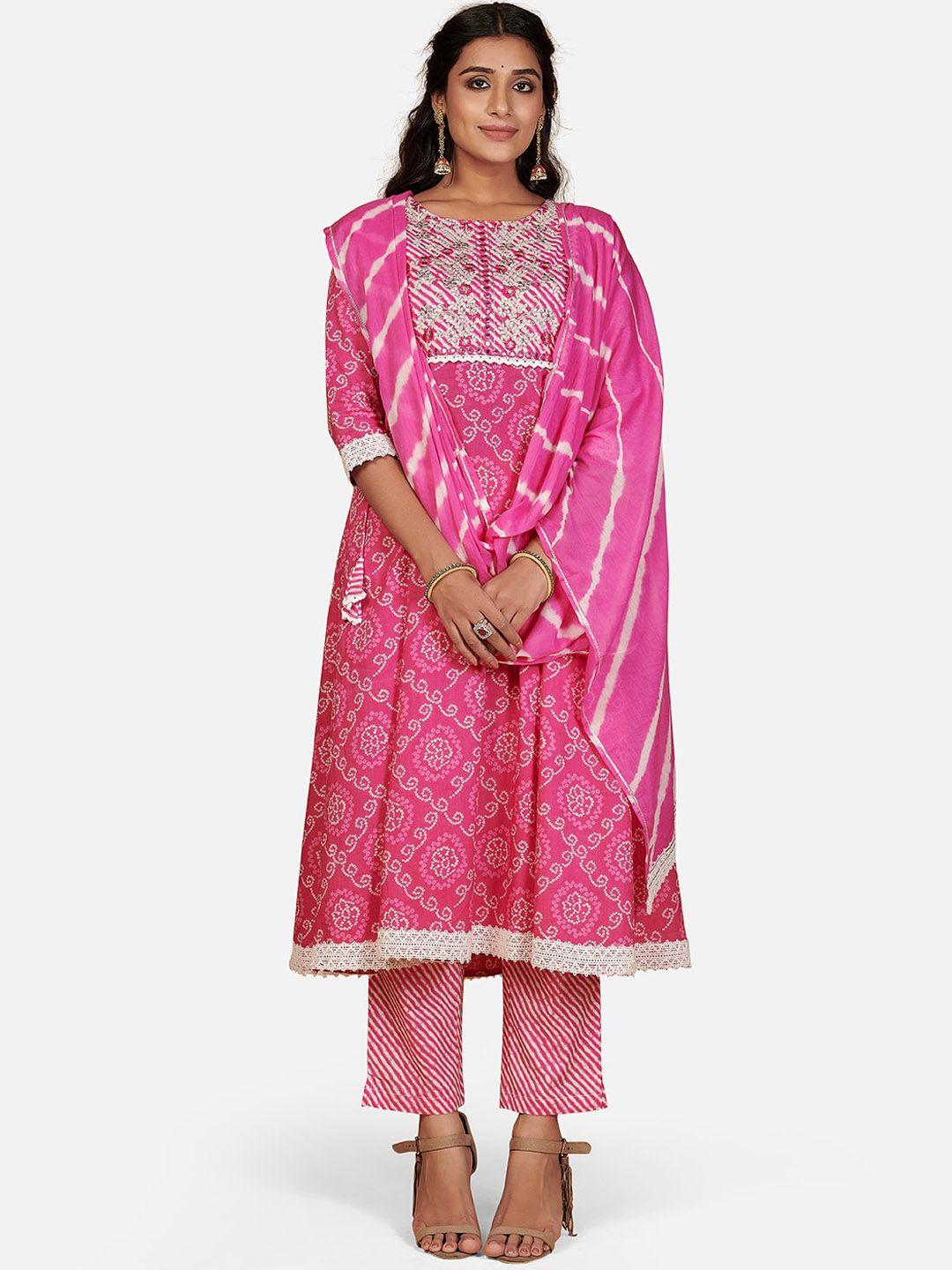 vbuyz women pink ethnic motifs printed empire thread work pure cotton kurta with trousers & with dupatta