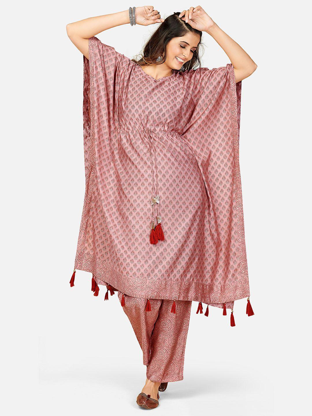vbuyz women pink ethnic motifs printed regular kurta with palazzos