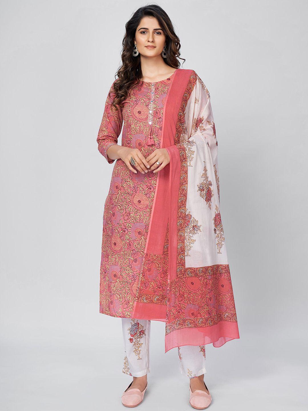 vbuyz women pink floral printed kurta with trousers & dupatta