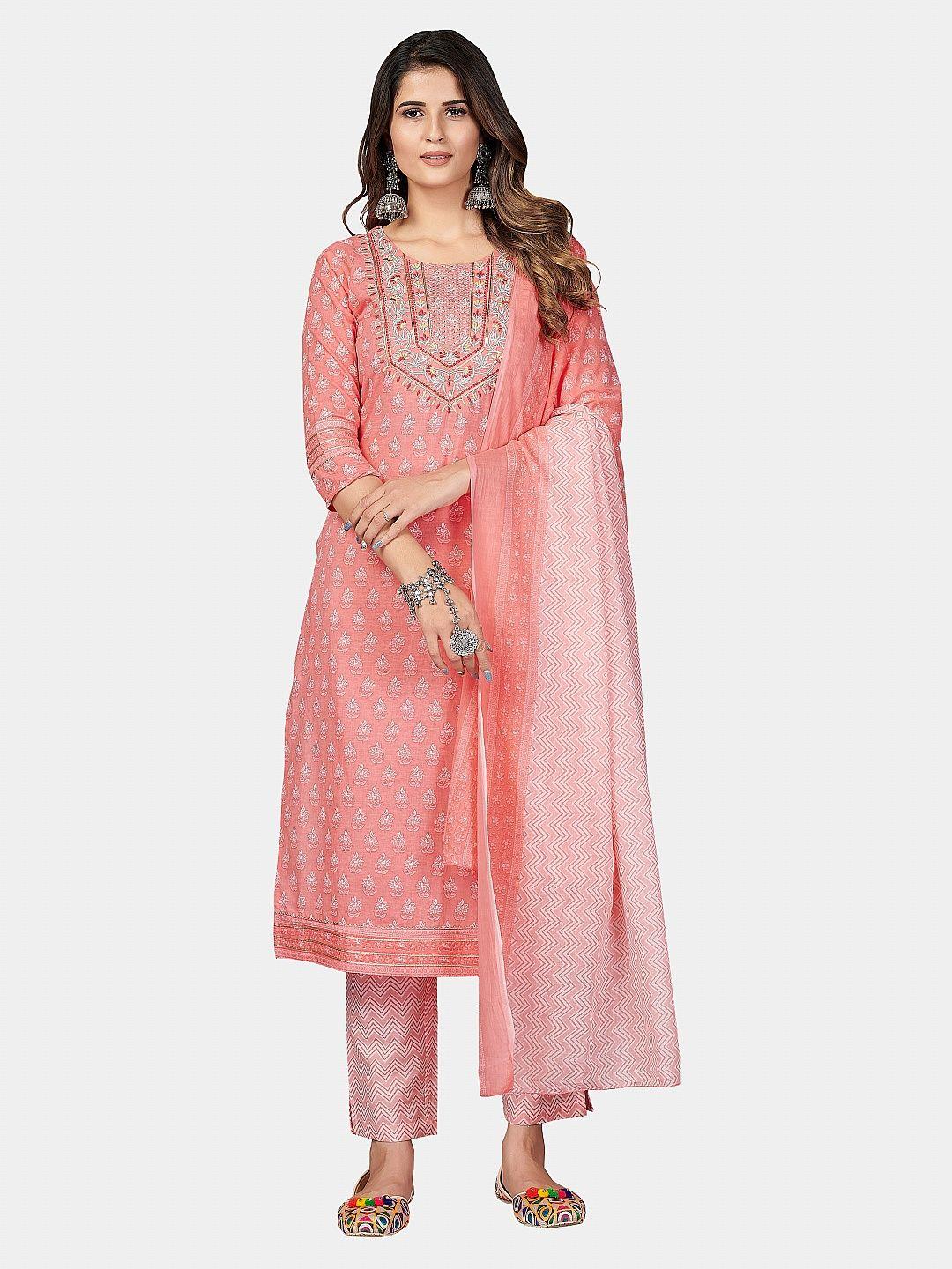 vbuyz women pink printed & embroidered pure cotton kurta & trousers with dupatta