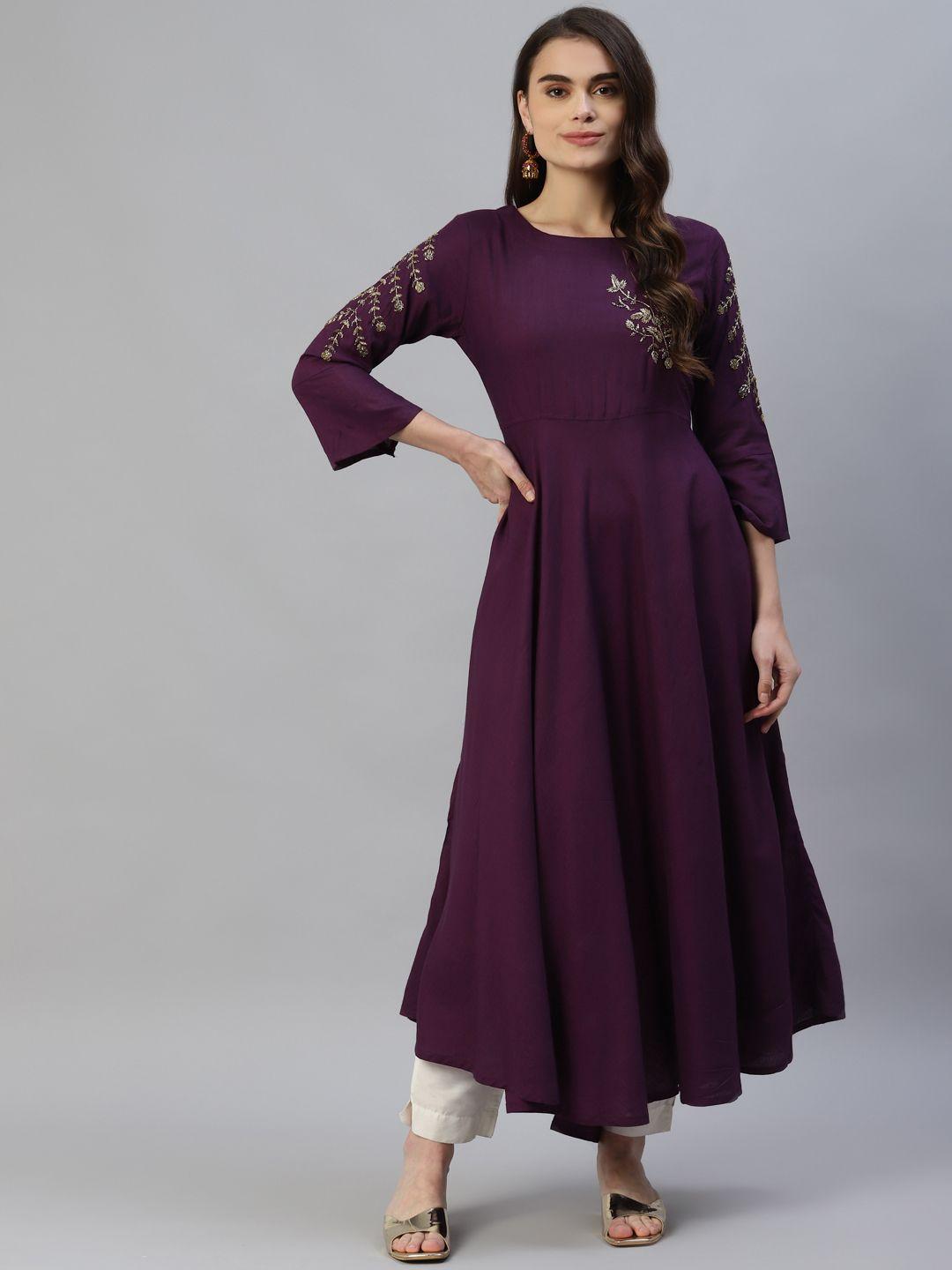 vbuyz women purple embellished bell sleeves anarkali kurta