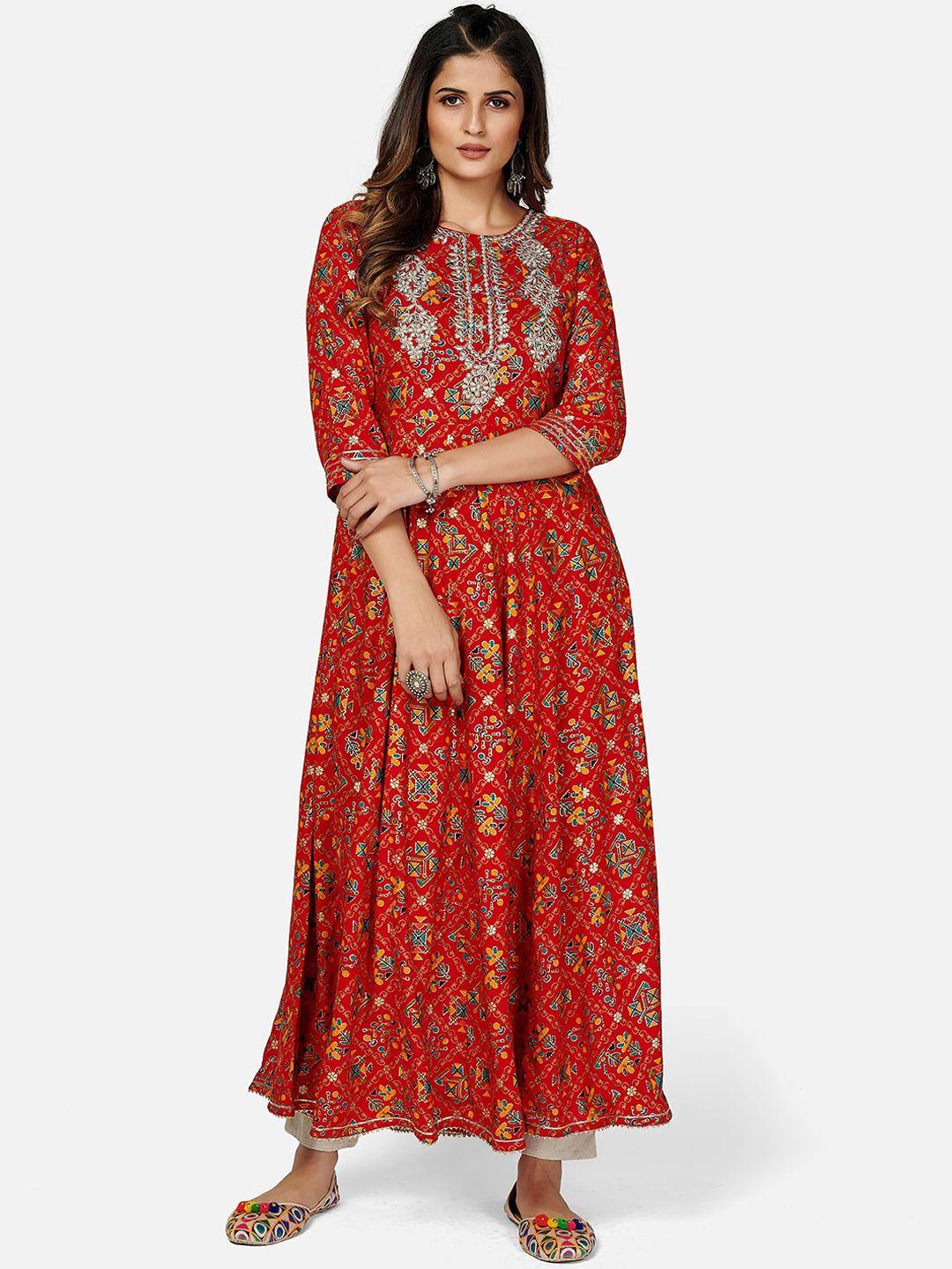 vbuyz women red & christmas red printed keyhole neck flared sleeves gotta patti anarkali kurta