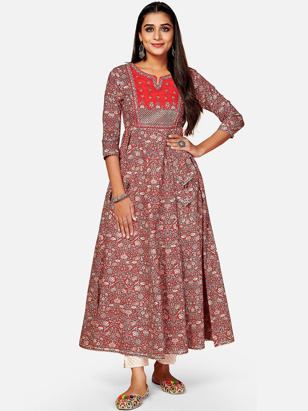vbuyz women red cotton ethnic motifs printed keyhole neck anarkali kurta