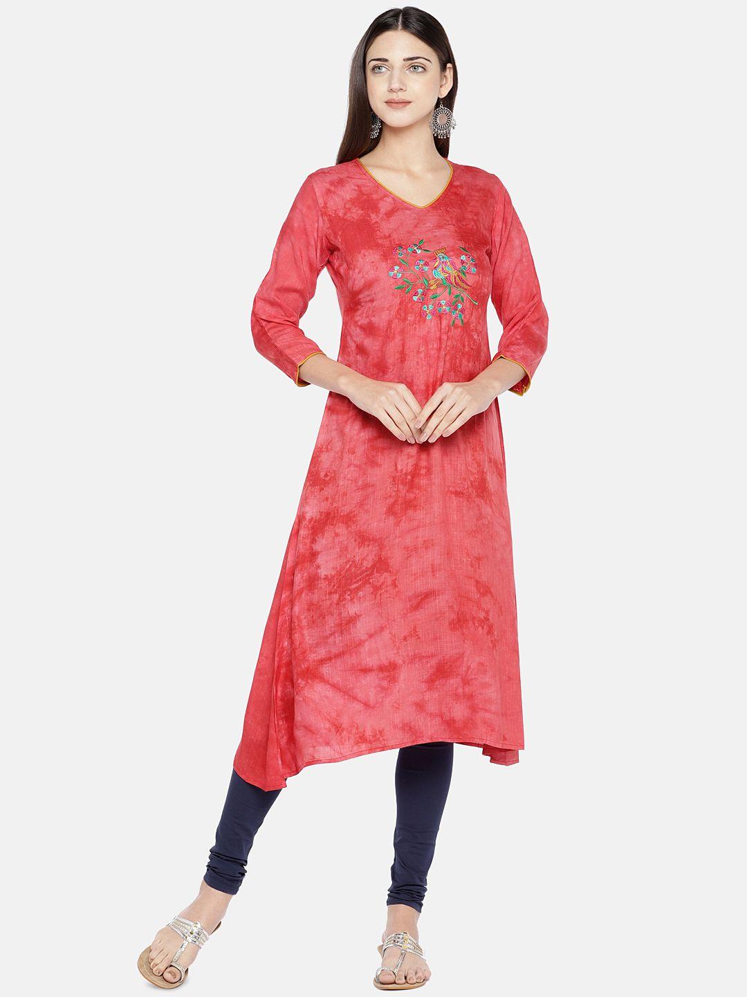 vbuyz women red embroidered a-line kurta