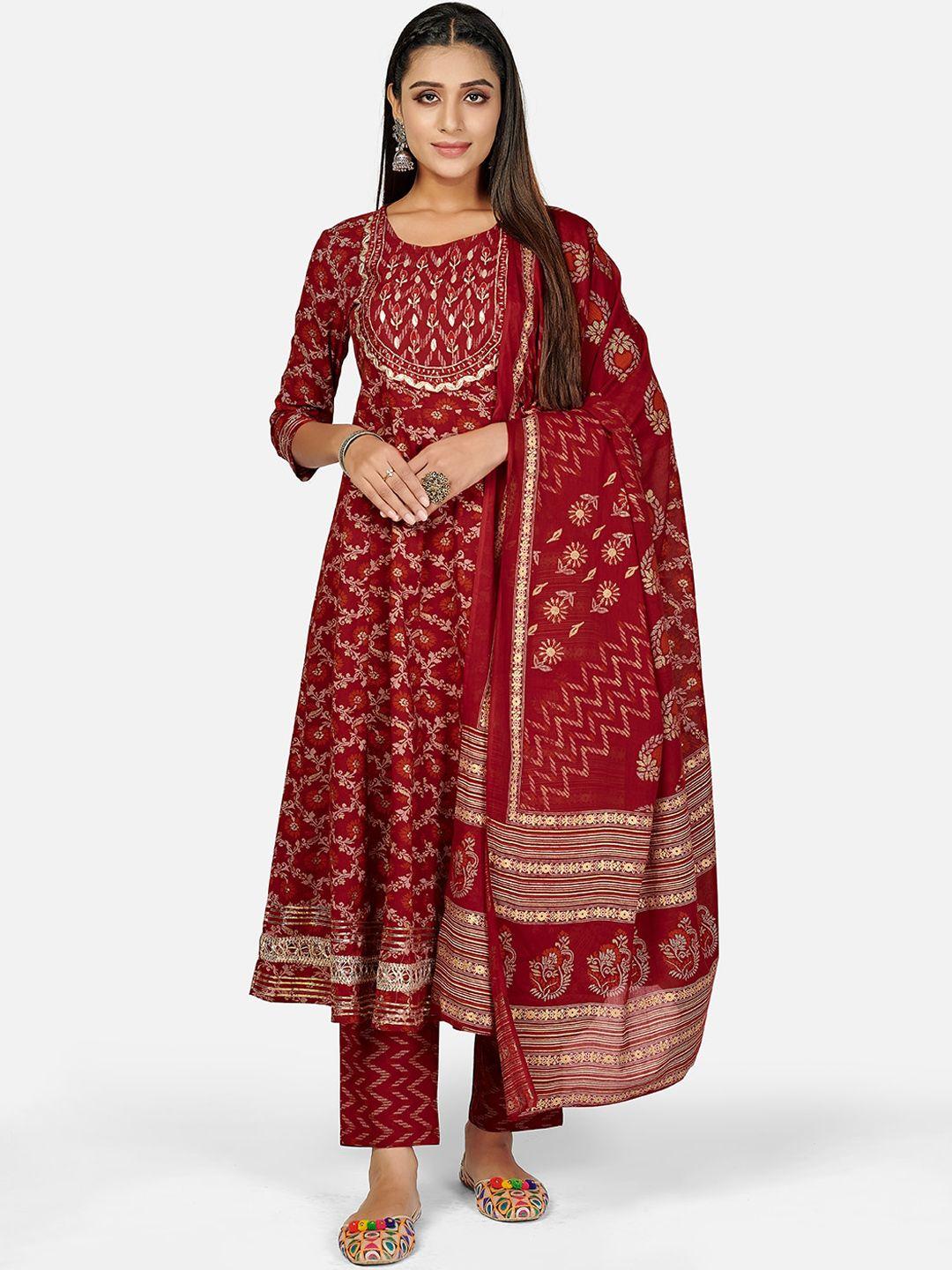 vbuyz women red ethnic motifs printed panelled thread work pure cotton kurta with trousers & with dupatta