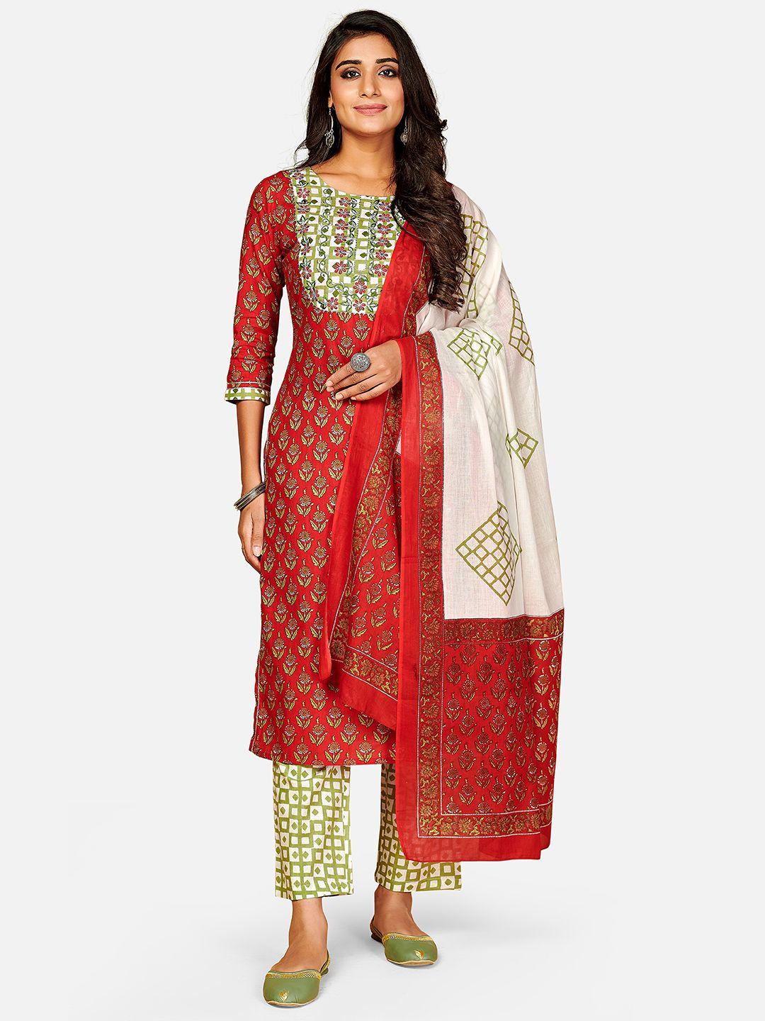 vbuyz women red ethnic motifs printed pure cotton kura with pant & with dupatta