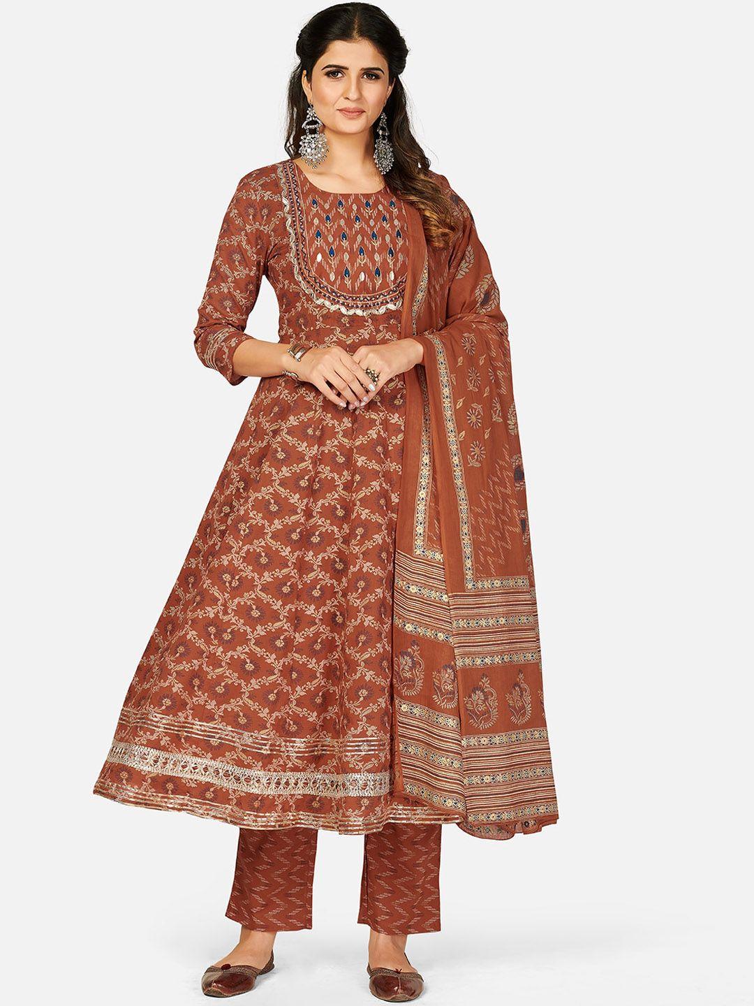 vbuyz women rust & beige ethnic motifs printed pure cotton kurta with trousers & dupatta