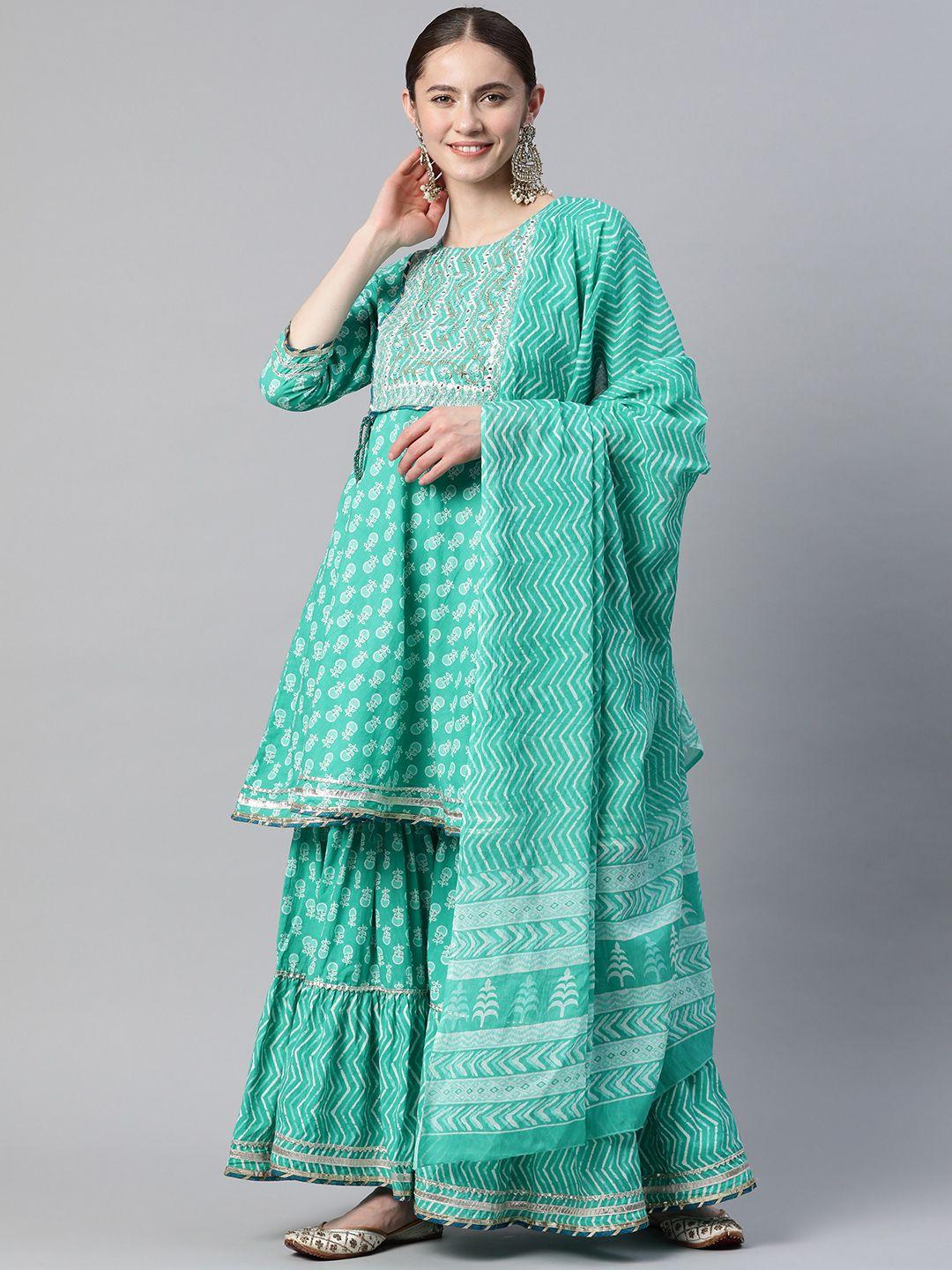 vbuyz women sea green floral embroidered mirror work pure cotton kurta with sharara & with dupatta