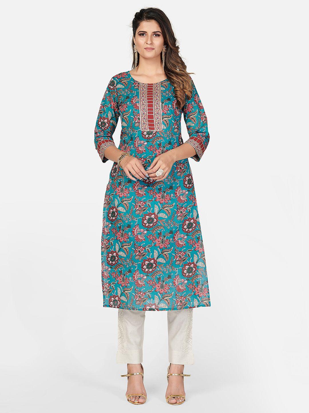 vbuyz women teal & red floral printed kurta