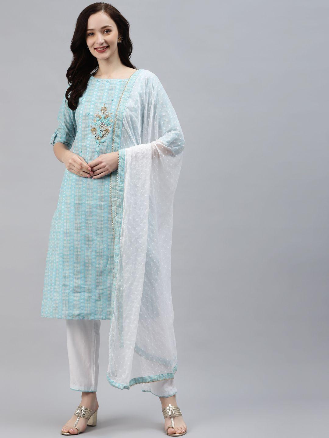 vbuyz women turquoise blue & white ethnic motifs printed kurta with trousers & dupatta