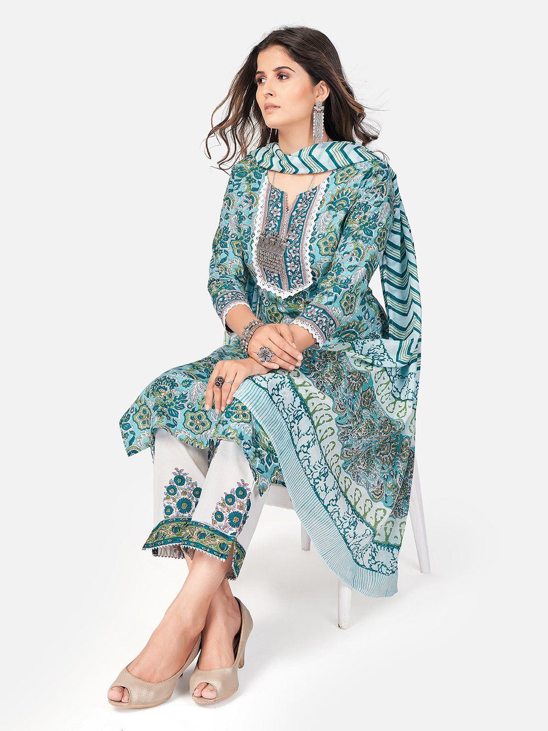 vbuyz women turquoise blue ethnic motifs printed layered pure cotton kurta with trousers