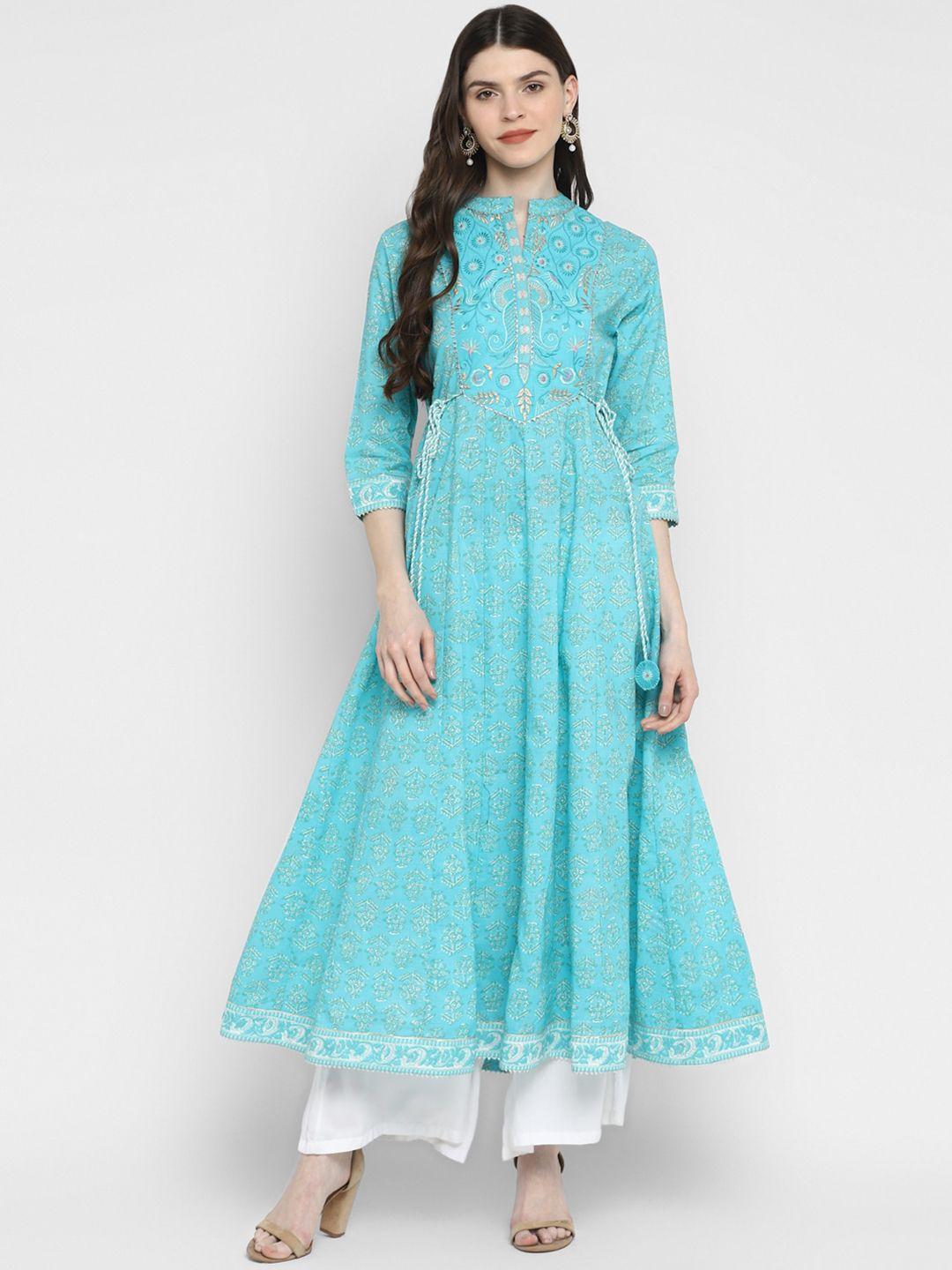 vbuyz women turquoise blue ethnic motifs printed thread work kurta