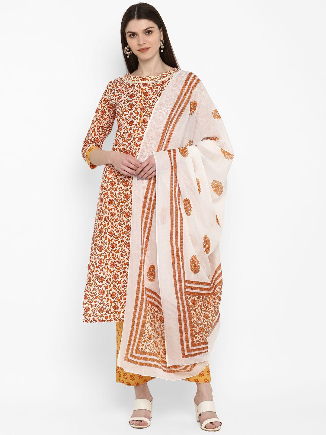 vbuyz women white & yellow printed kurta with palazzos & dupatta