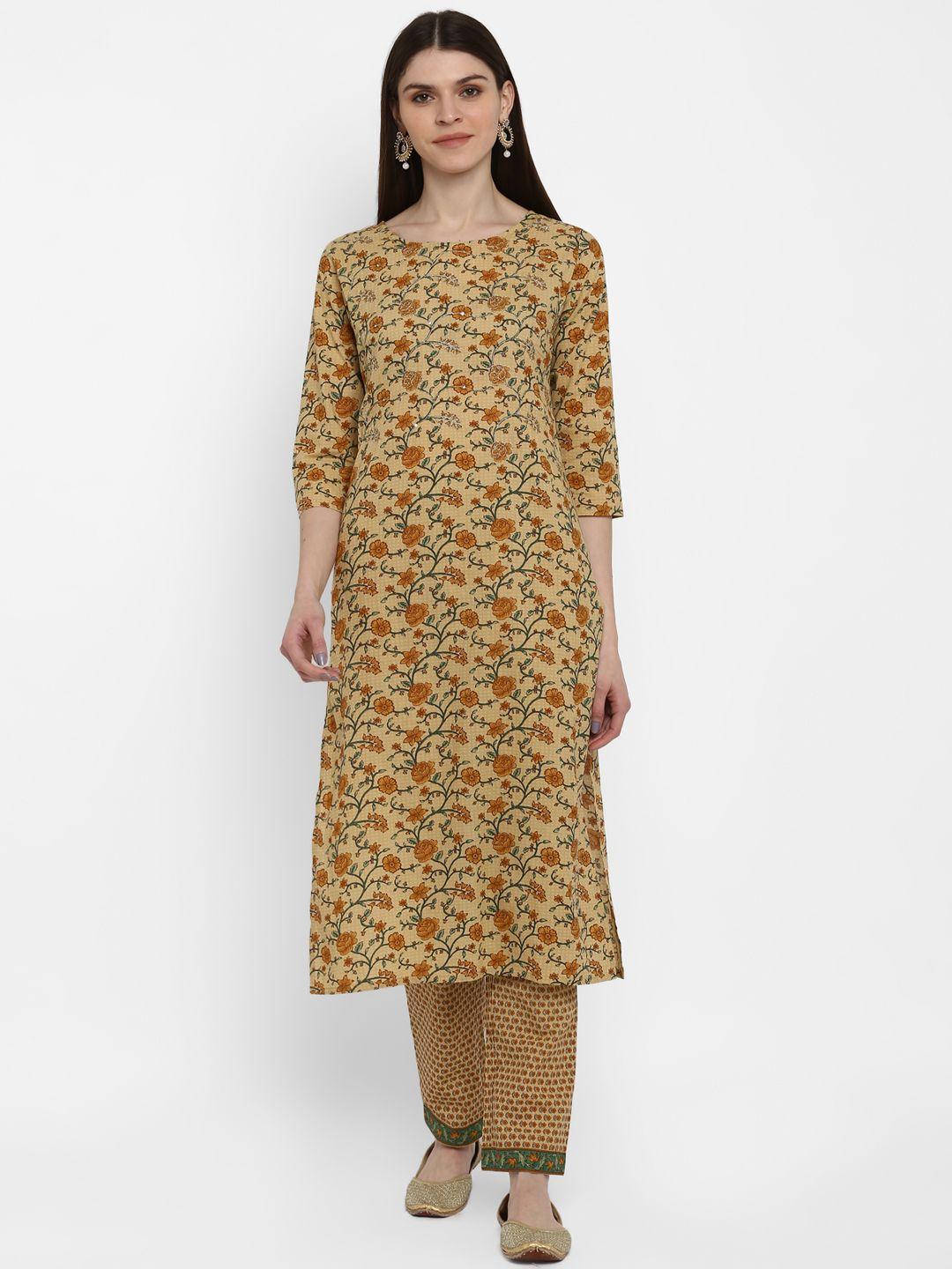 vbuyz women yellow & beige printed kurta with trousers