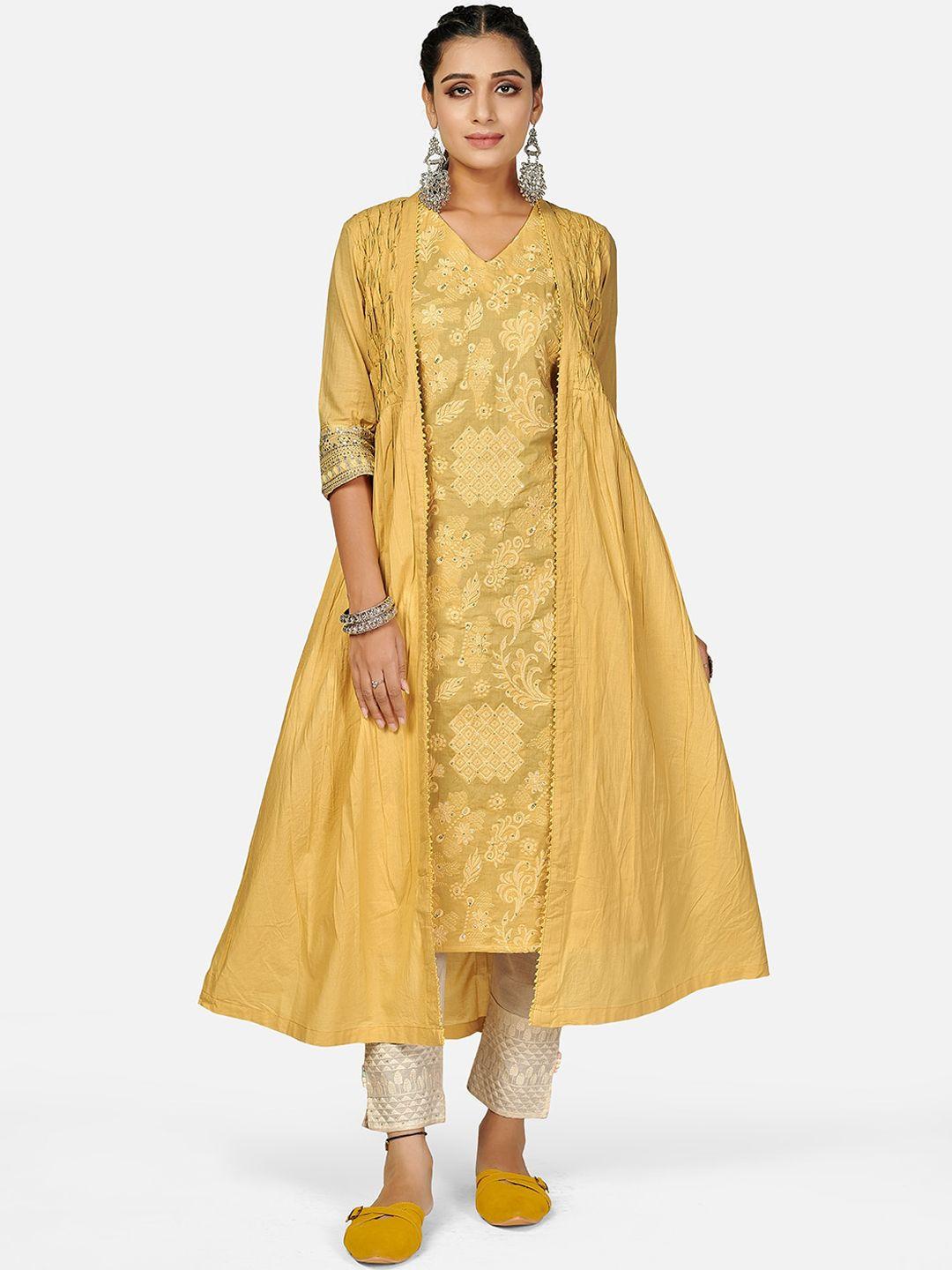 vbuyz women yellow & silver-toned ethnic motifs embroidered cotton kurta with shrug
