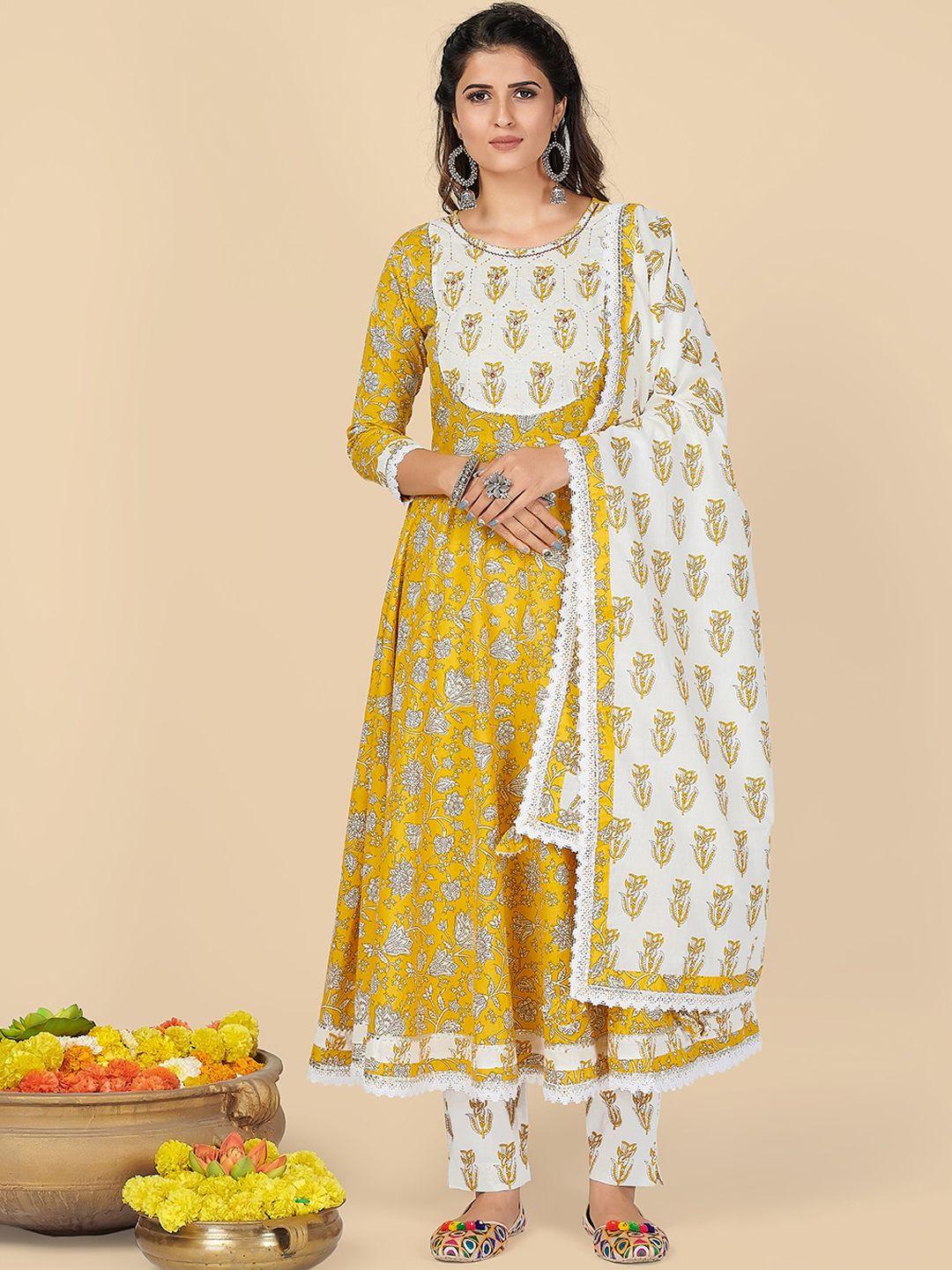 vbuyz women yellow & white floral printed kurta with trousers & dupatta