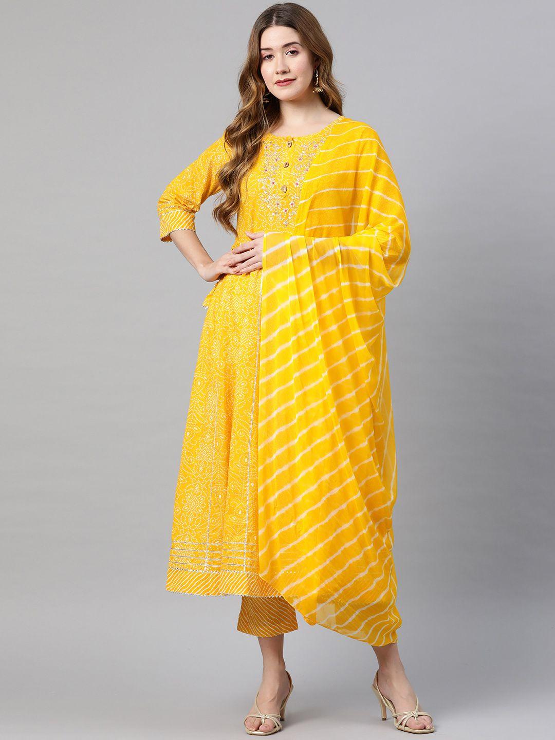 vbuyz women yellow bandhani printed thread work pure cotton kurta with palazzos & with dupatta