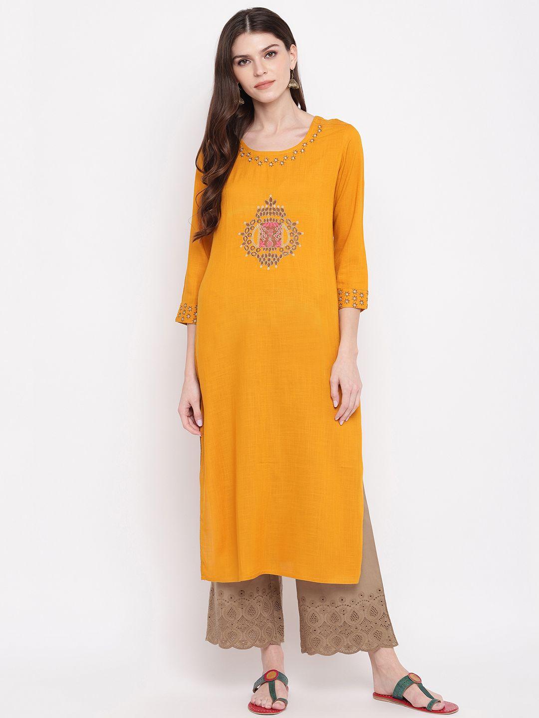 vbuyz women yellow embroidered straight kurta