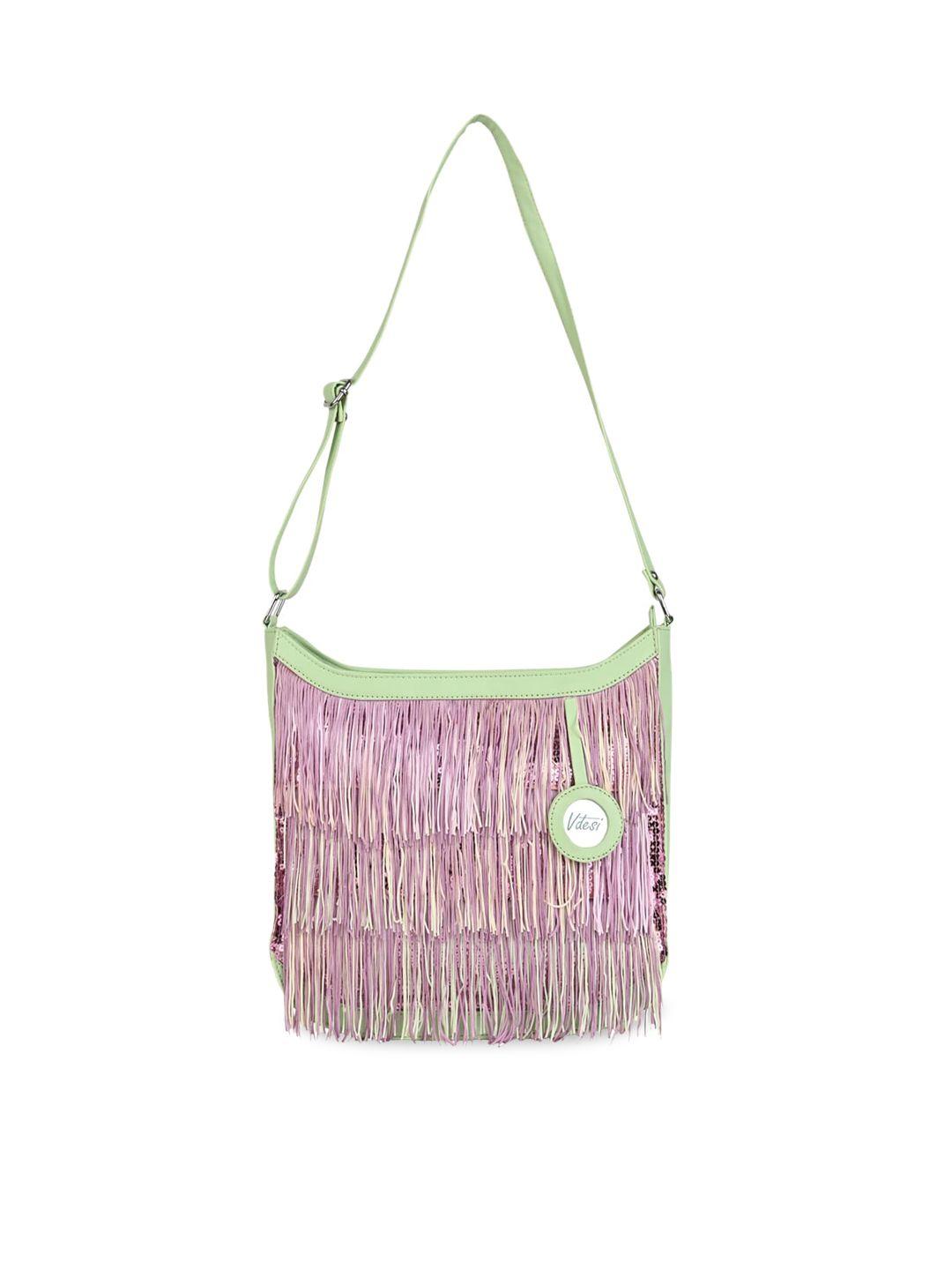 vdesi teal pu structured sling bag with fringed