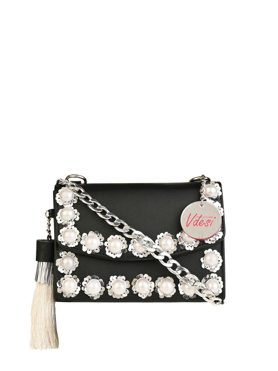 vdesi black floral pu structured sling bag with tasselled